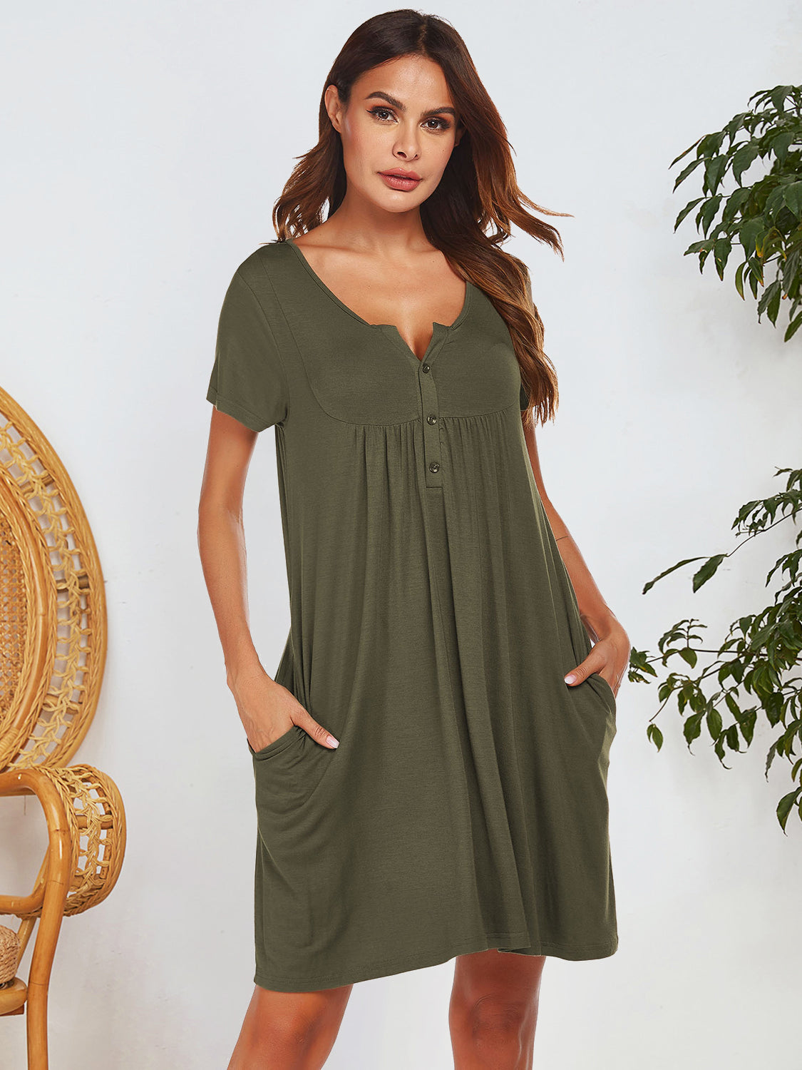 Notched Short Sleeve Mini Lounge Dress-TOPS / DRESSES-[Adult]-[Female]-Army Green-S-2022 Online Blue Zone Planet