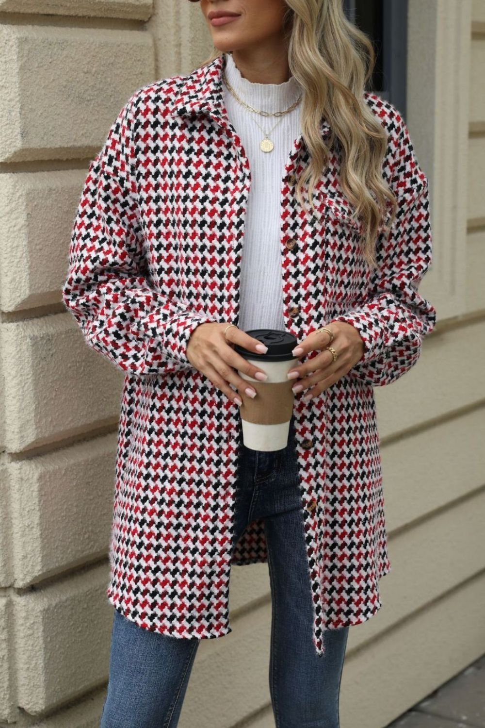 Houndstooth Button Up Dropped Shoulder Coat-TOPS / DRESSES-[Adult]-[Female]-2022 Online Blue Zone Planet