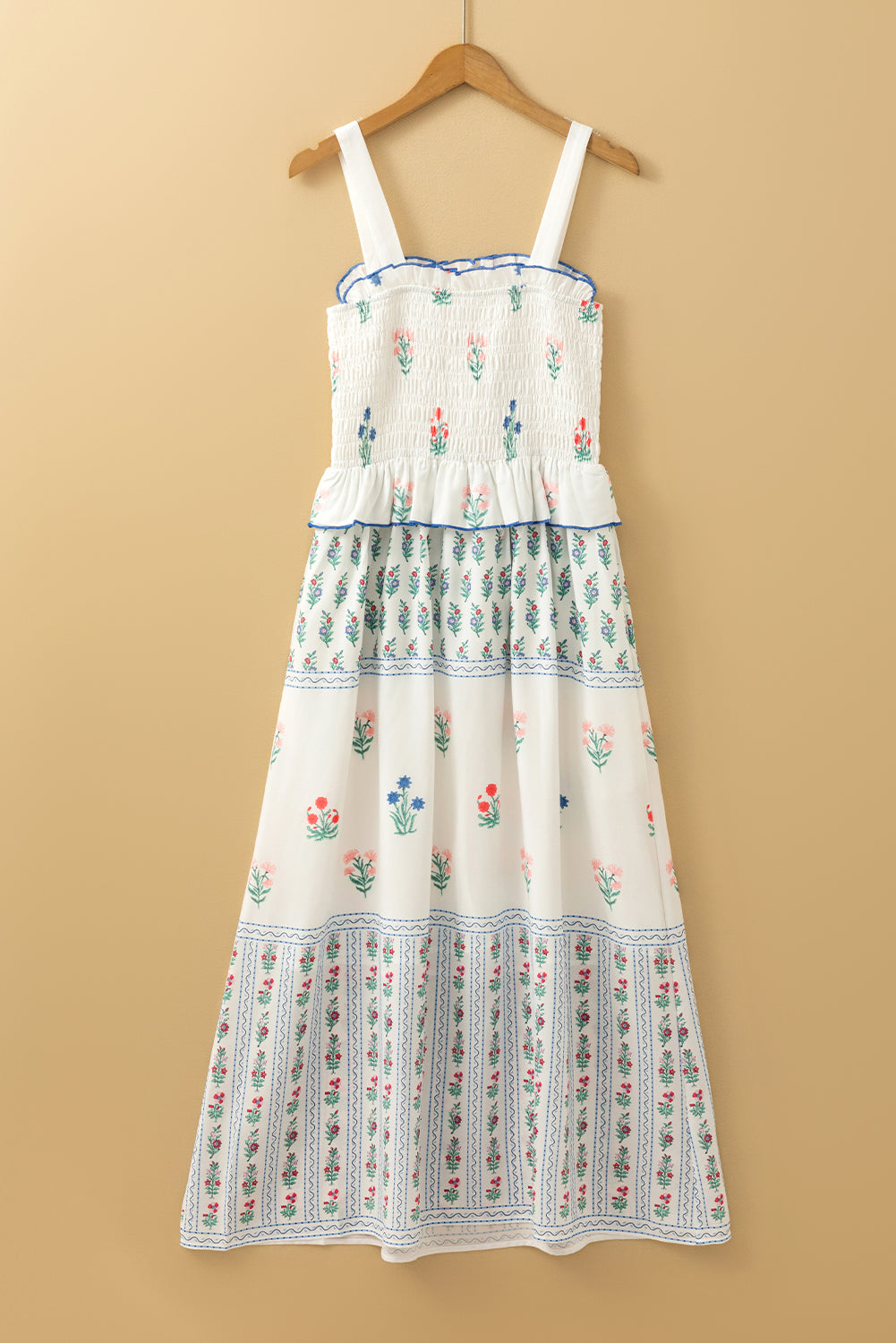 White Floral Print Frill Smocked Bodice Boho Dress-Maxi Dresses-[Adult]-[Female]-2022 Online Blue Zone Planet