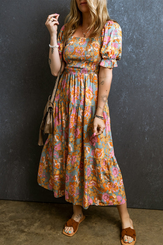 Yellow Smocked Bodice High Waist Puff Sleeve Floral Dress-Dresses/Floral Dresses-[Adult]-[Female]-Yellow-S-2022 Online Blue Zone Planet