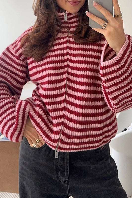 Red Stripe Striped High Neck Zip-up Sweater Long Sleeve Casual Fit Drop Shoulder Open Front Cardigan-Sweaters & Cardigans/Sweaters-[Adult]-[Female]-Red Stripe-S-2022 Online Blue Zone Planet