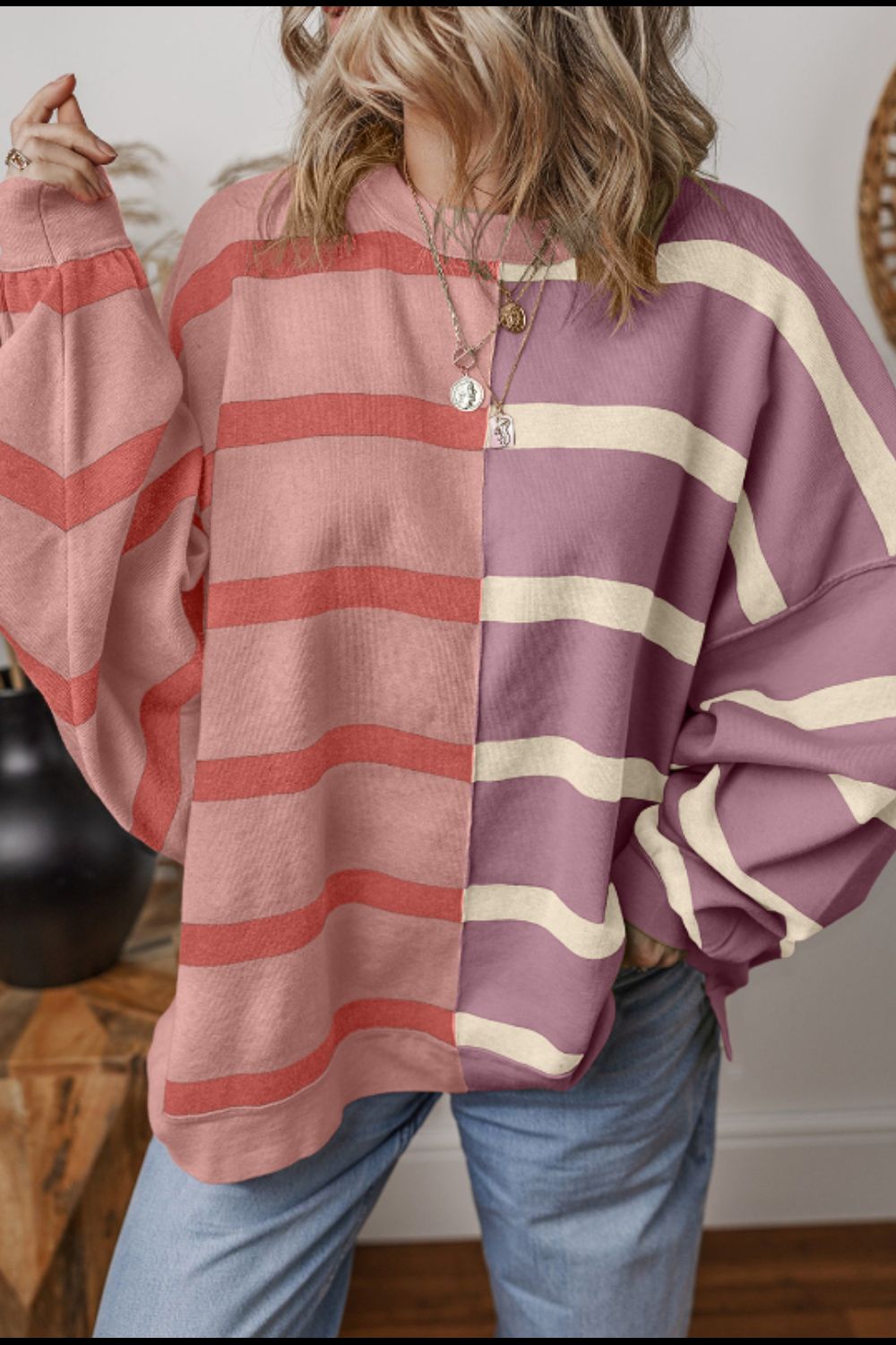 Contrast Striped Long Sleeve Sweatshirt-TOPS / DRESSES-[Adult]-[Female]-2022 Online Blue Zone Planet