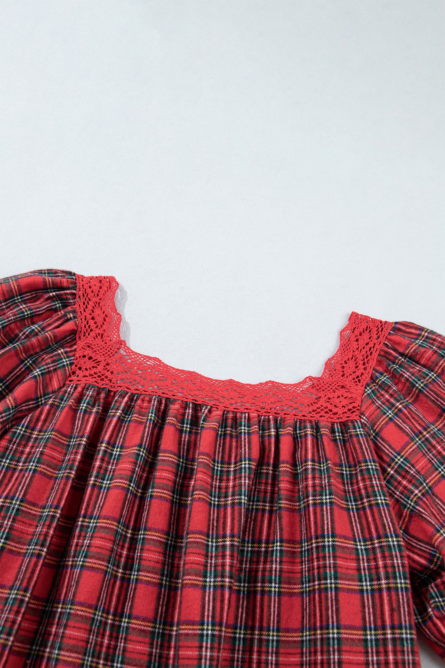 Red Plaid Square Collar Lace Trim Short Sleeve Shift Mini Dress-TOPS / DRESSES-[Adult]-[Female]-2022 Online Blue Zone Planet