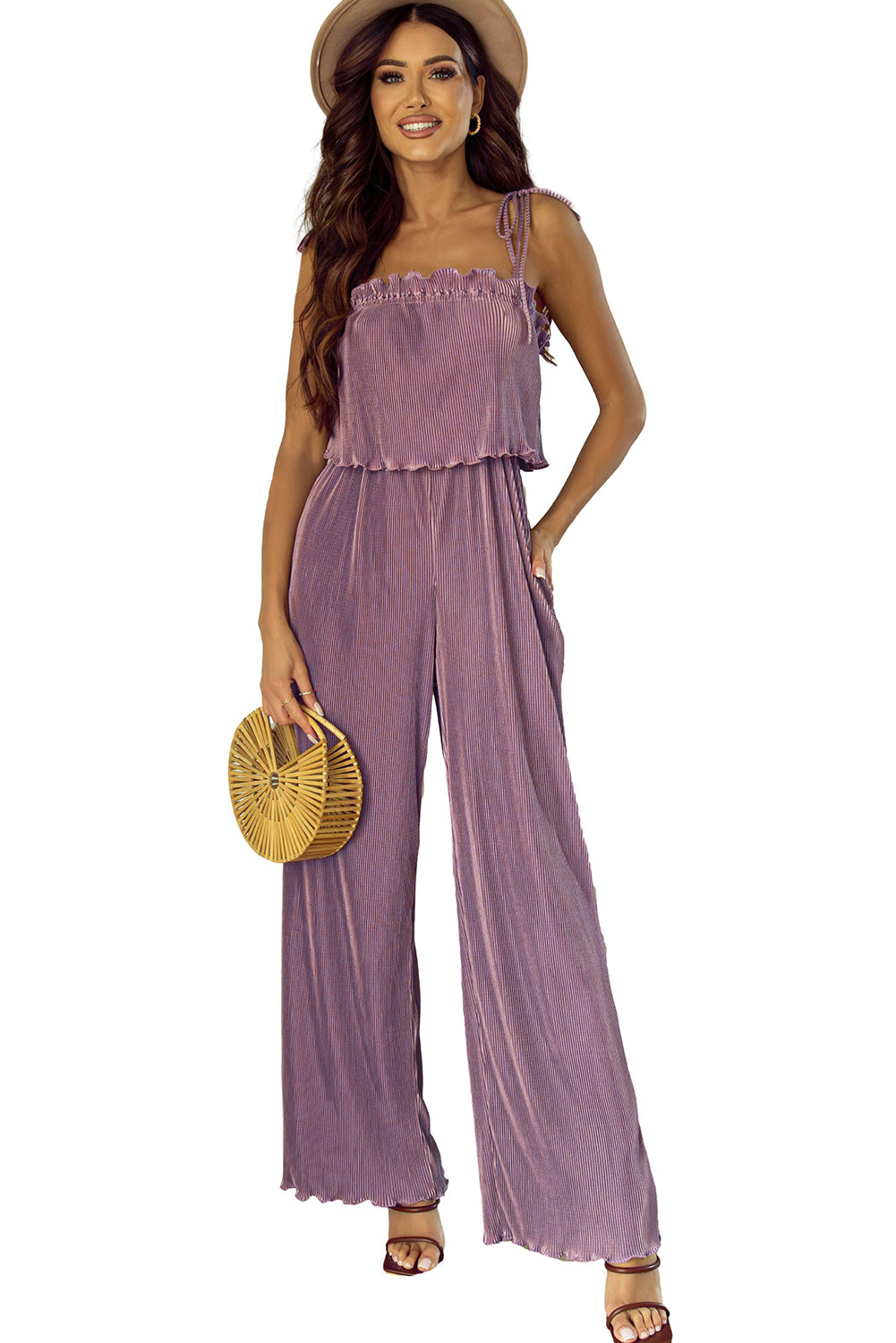 Rose Tan Solid Self Tied Straps Pleated Wide Leg Jumpsuit Blue Zone Planet