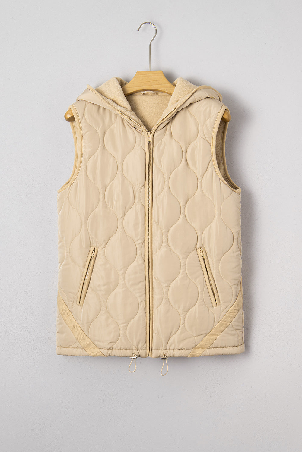 Pale Khaki Quilted Padded Casual Winter Jacket Vest with Fleece Lining-TOPS / DRESSES-[Adult]-[Female]-2022 Online Blue Zone Planet