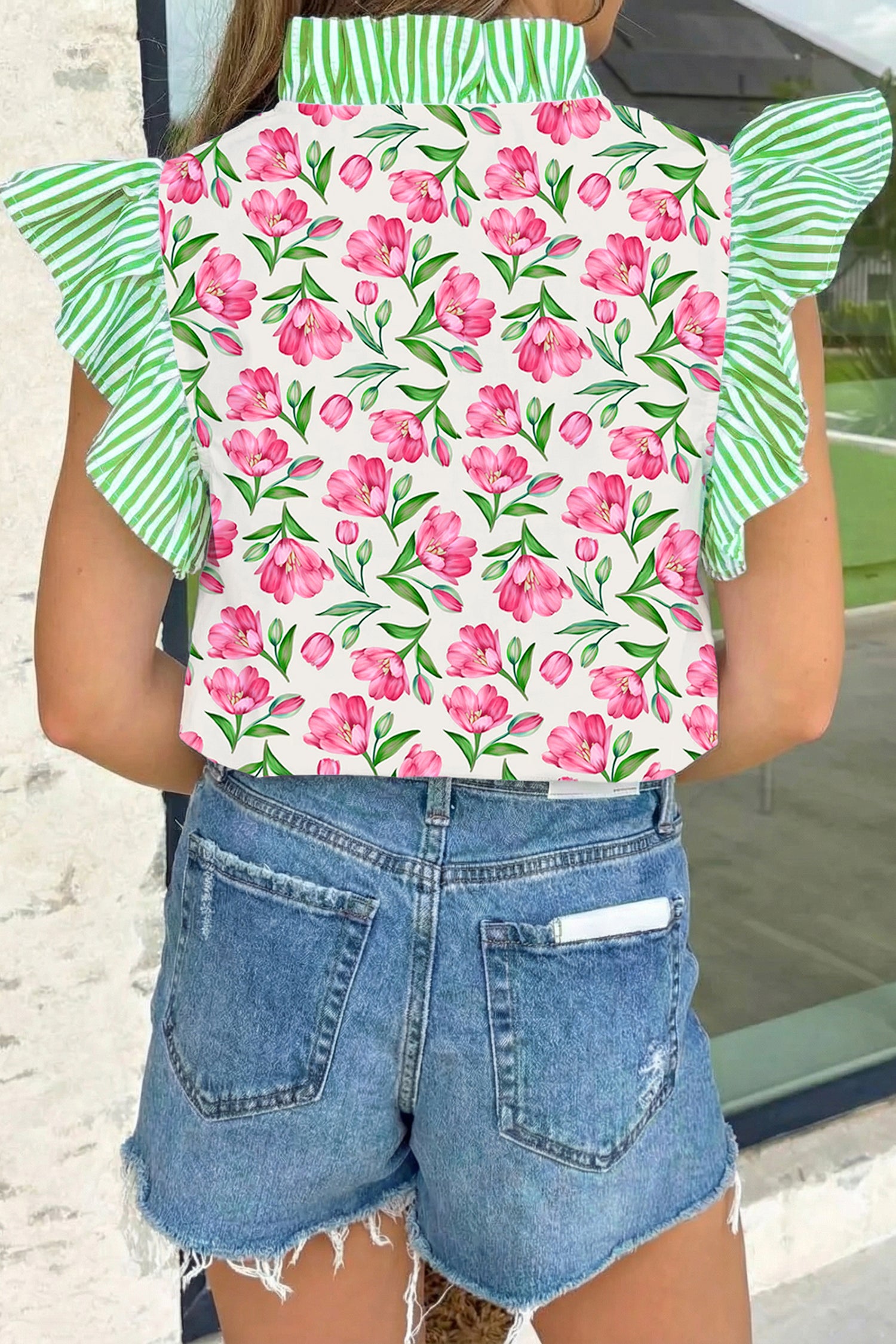 Multicolour Sweet Floral Print Striped Ruffle Trim V Neck Blouse-Tops/Blouses & Shirts-[Adult]-[Female]-2022 Online Blue Zone Planet