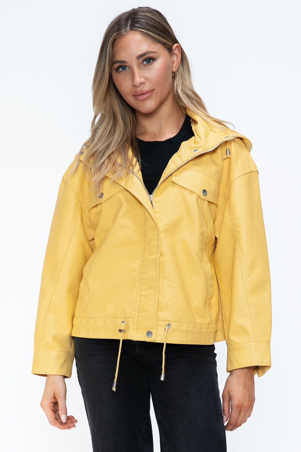 Blue Zone Planet | How Dare U Drawstring Hem PU Leather Zip Up Jacket-TOPS / DRESSES-[Adult]-[Female]-Pale Yellow-S-2022 Online Blue Zone Planet