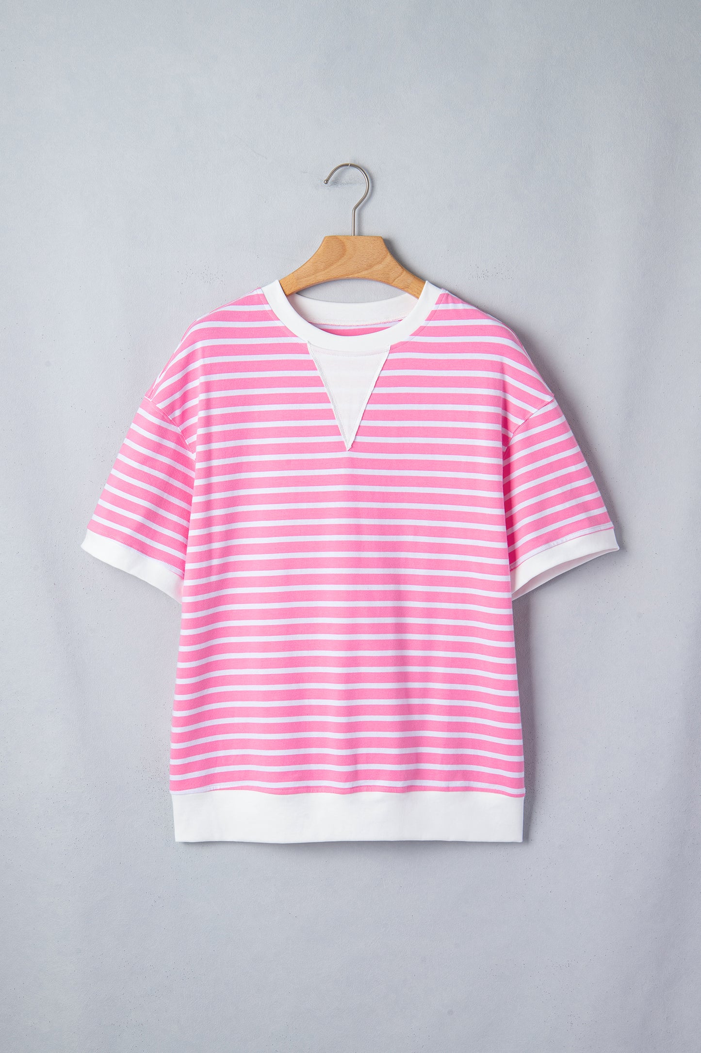 Pink Stripe Round Neck Drop Shoulder Short Sleeve Loose Top-Tops/Tops & Tees-[Adult]-[Female]-2022 Online Blue Zone Planet
