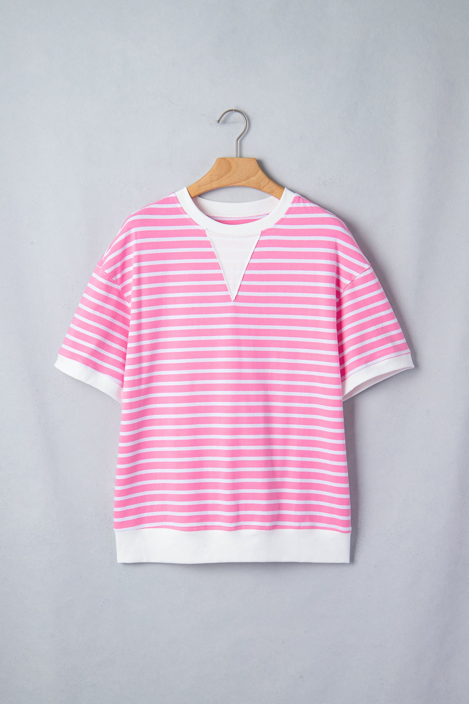 Pink Stripe Round Neck Drop Shoulder Short Sleeve Loose Top-Tops/Tops & Tees-[Adult]-[Female]-2022 Online Blue Zone Planet