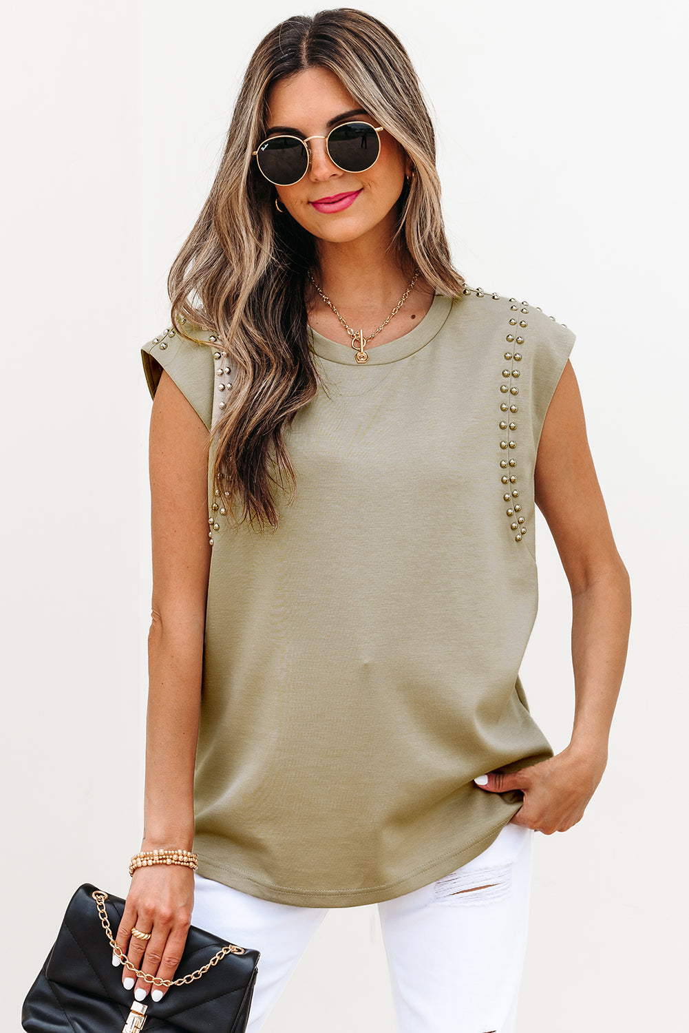 Sage Green Studded Cap Sleeve Round Neck T Shirt-Tops/Tops & Tees-[Adult]-[Female]-2022 Online Blue Zone Planet