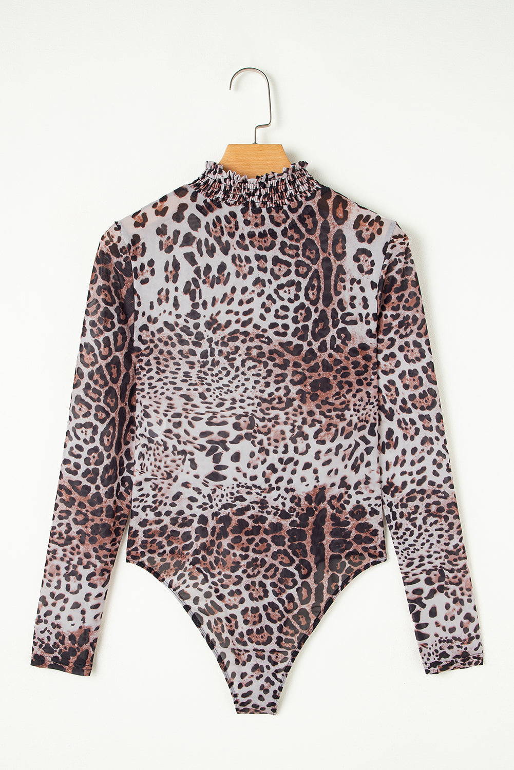 Brown Leopard Smocked Neck Mesh Long Sleeve Bodysuit-Tops/Bodysuits-[Adult]-[Female]-2022 Online Blue Zone Planet