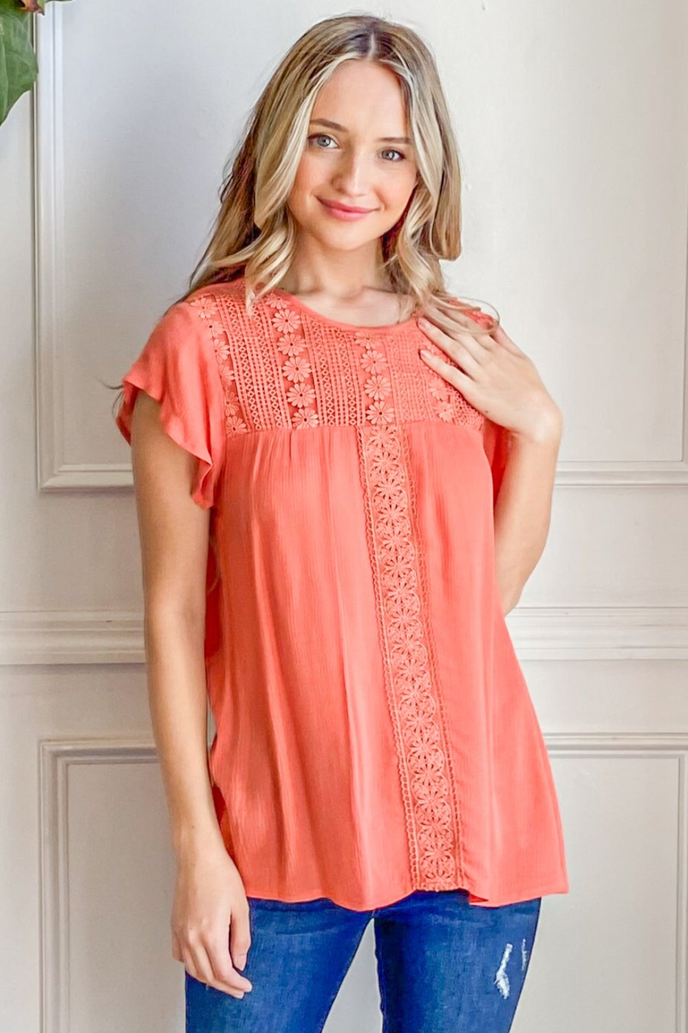 Blue Zone Planet | And The Why Lace Detail Ruffle Short Sleeve Blouse-TOPS / DRESSES-[Adult]-[Female]-CORAL-S-2022 Online Blue Zone Planet