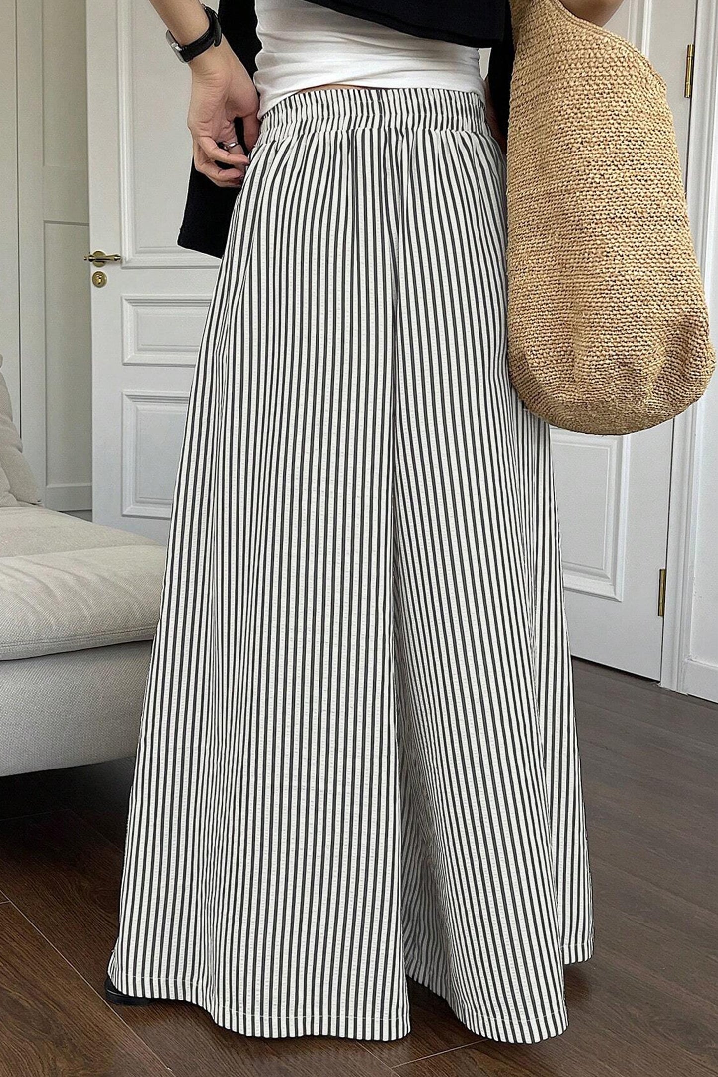 Black Stripe Elastic Waist Ultra Wide Leg Pants-Bottoms/Pants & Culotte-[Adult]-[Female]-2022 Online Blue Zone Planet