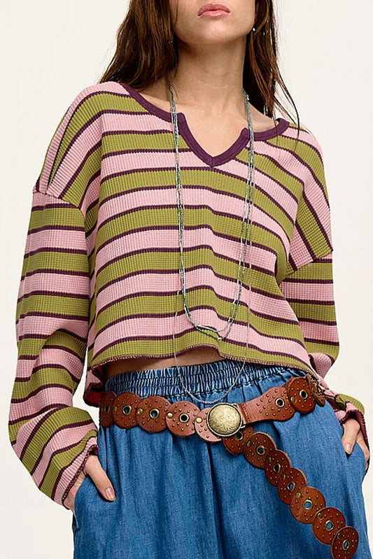 Spinach Green Clashing Stripes Waffle Texture Notched Neck Long Sleeve Top-Tops/Long Sleeve Tops-[Adult]-[Female]-Spinach Green-S-2022 Online Blue Zone Planet