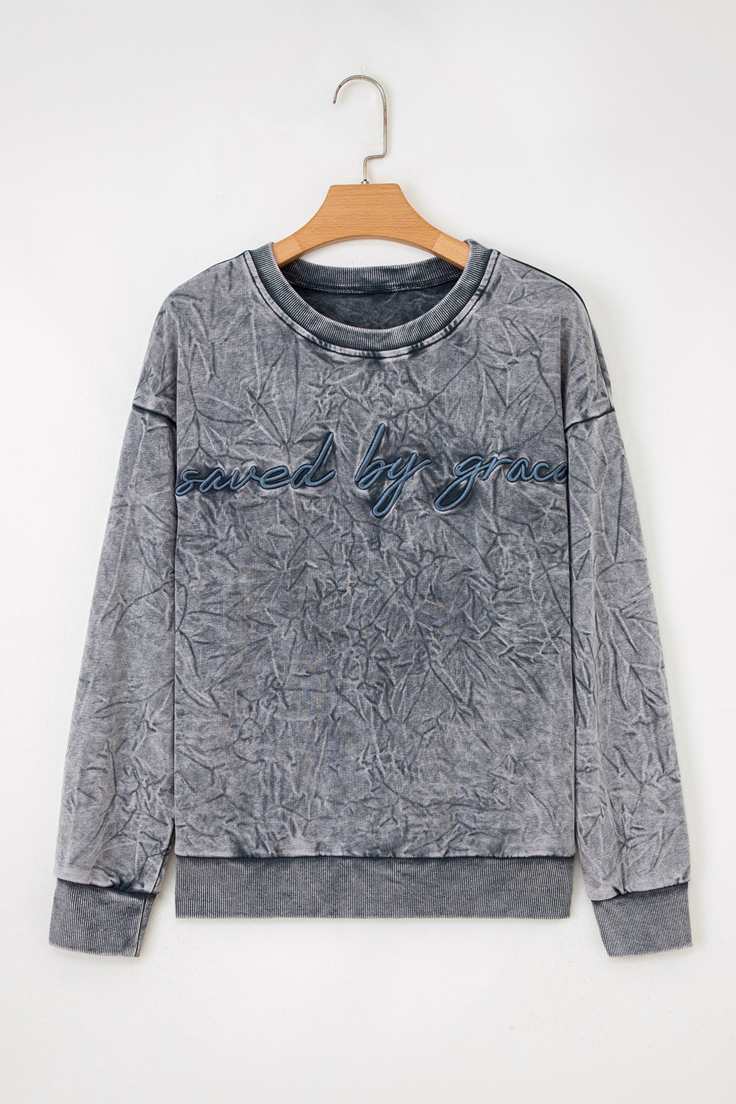 High-Rise Saved By Grace Letter Embroidery Mineral Wash Loose Sweatshirt-Tops/Sweatshirts & Hoodies-[Adult]-[Female]-2022 Online Blue Zone Planet