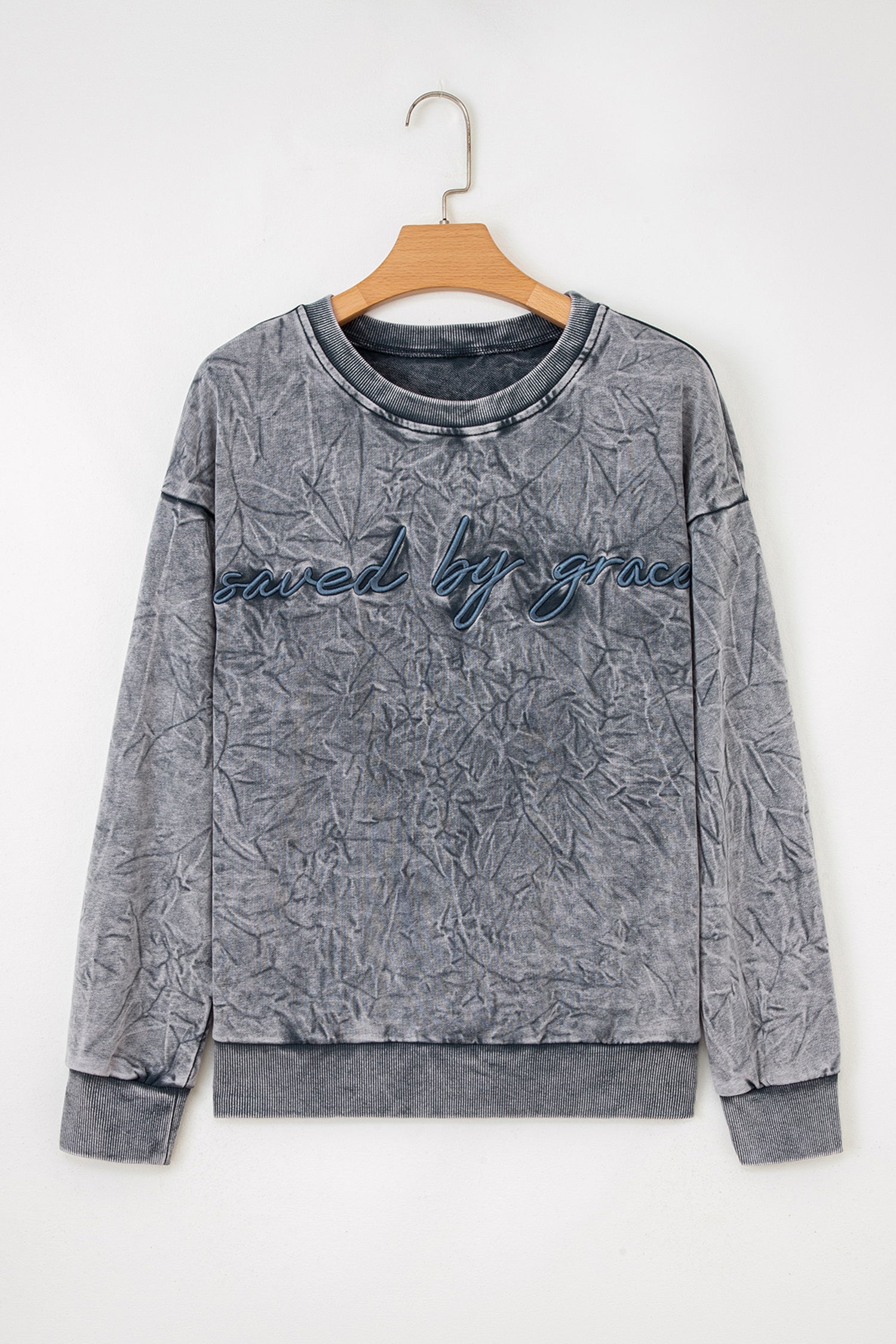 High-Rise Saved By Grace Letter Embroidery Mineral Wash Loose Sweatshirt-Tops/Sweatshirts & Hoodies-[Adult]-[Female]-2022 Online Blue Zone Planet