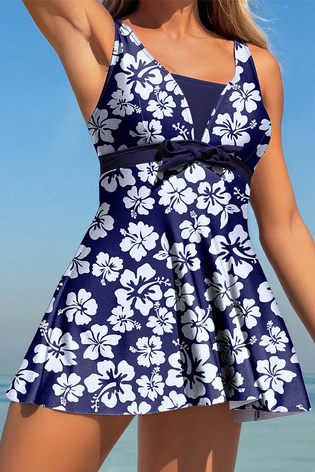 Blue Floral Print Patchwork Bow Knot Detail Sleeveless Swim Dress-Swimwear/Swim Dresses-[Adult]-[Female]-Blue-S-2022 Online Blue Zone Planet