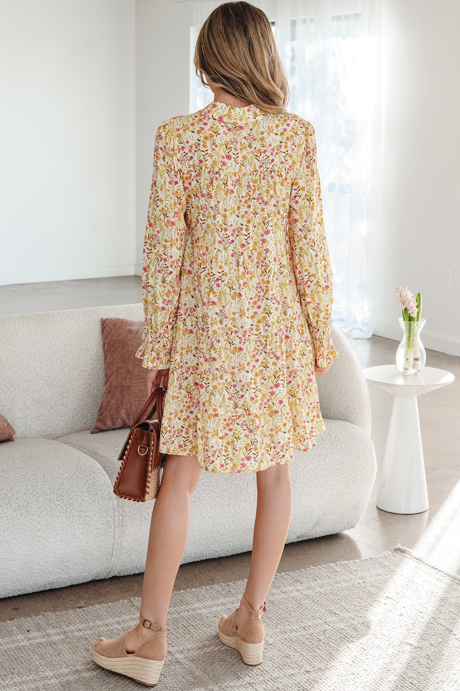 Yellow Floral Print Frilly Trim Smocked Cuff Long Sleeve Loose Shirt Dress-TOPS / DRESSES-[Adult]-[Female]-2022 Online Blue Zone Planet