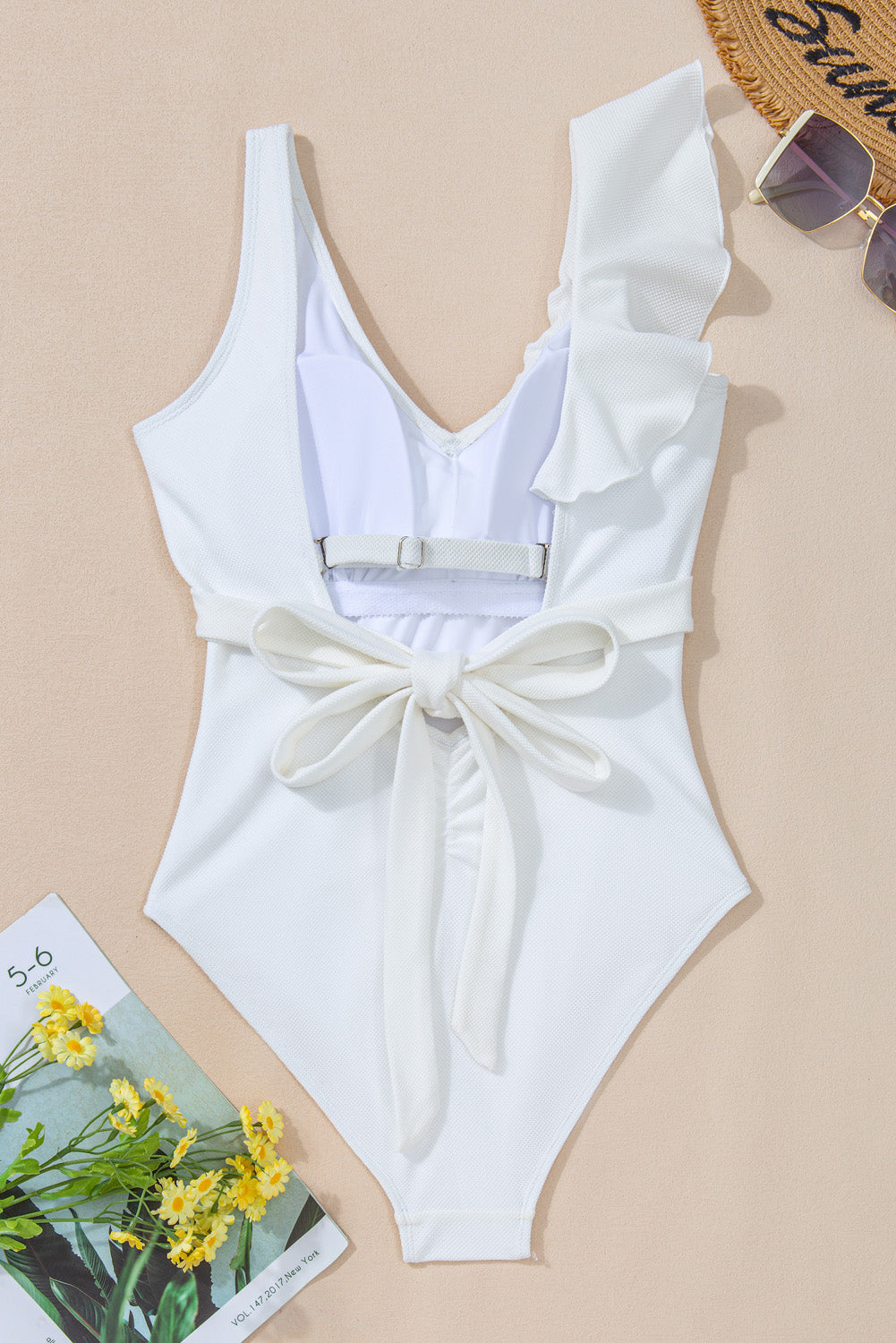 White Asymmetric Ruffle Trim Tie Waist One Piece Swimsuit-One-Piece-[Adult]-[Female]-2022 Online Blue Zone Planet