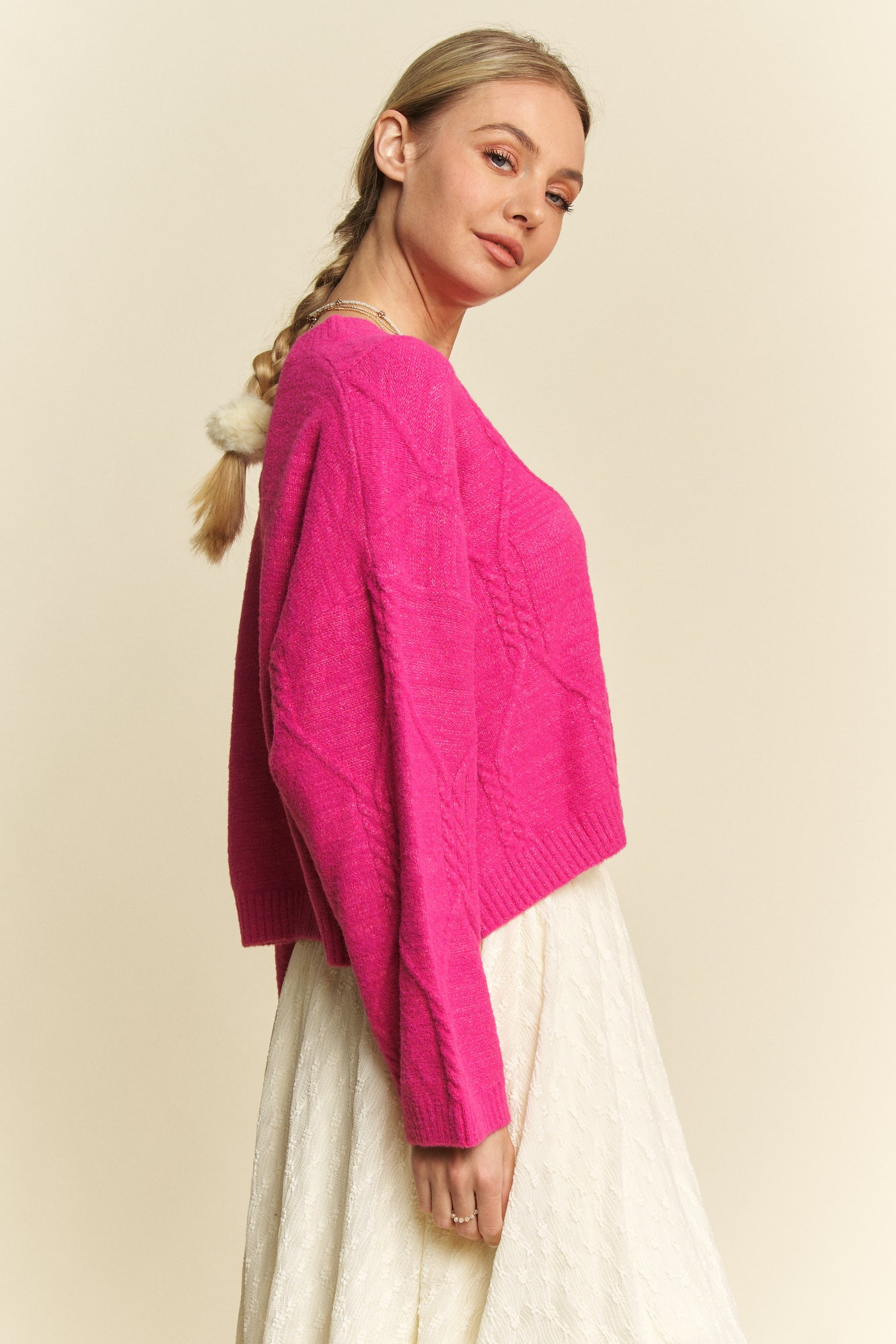Davi & Dani Diamond Cable Pattern Drop Shoulder Sweater-TOPS / DRESSES-[Adult]-[Female]-2022 Online Blue Zone Planet