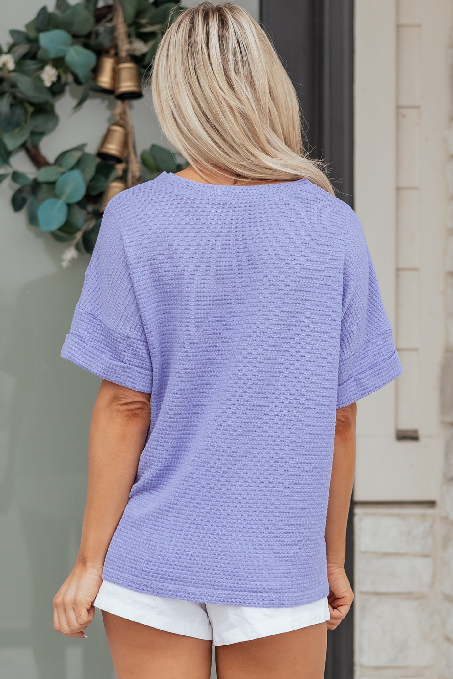 Clearly Aqua Waffle V Neck Short Sleeve Knit Top-Tops/Tops & Tees-[Adult]-[Female]-2022 Online Blue Zone Planet