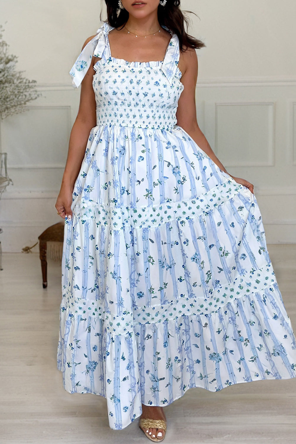 Sky Blue Floral Smocked Tied Straps A-Lined Tiered Maxi Dress - Sunny Angela Sky Blue / S Sky Blue Floral Smocked Tied Straps A-Lined Tiered Maxi Dress - Sunny Angela Sky Blue / S