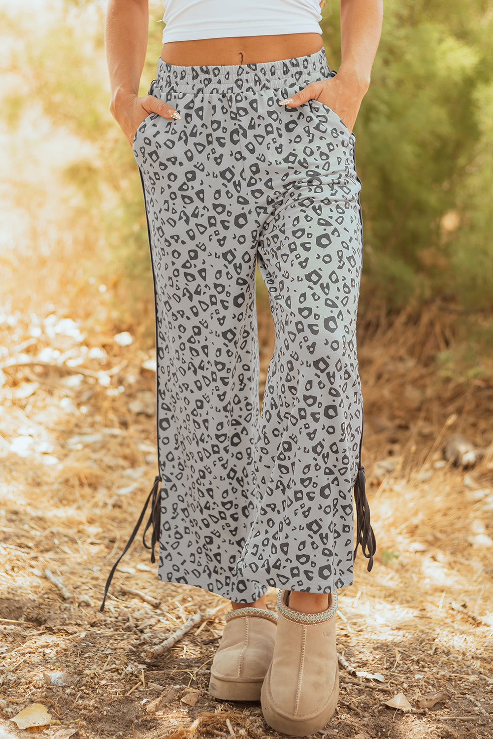 Khaki Leopard High Waist Side Bow Straight Leg-Bottoms/Pants & Culotte-[Adult]-[Female]-2022 Online Blue Zone Planet