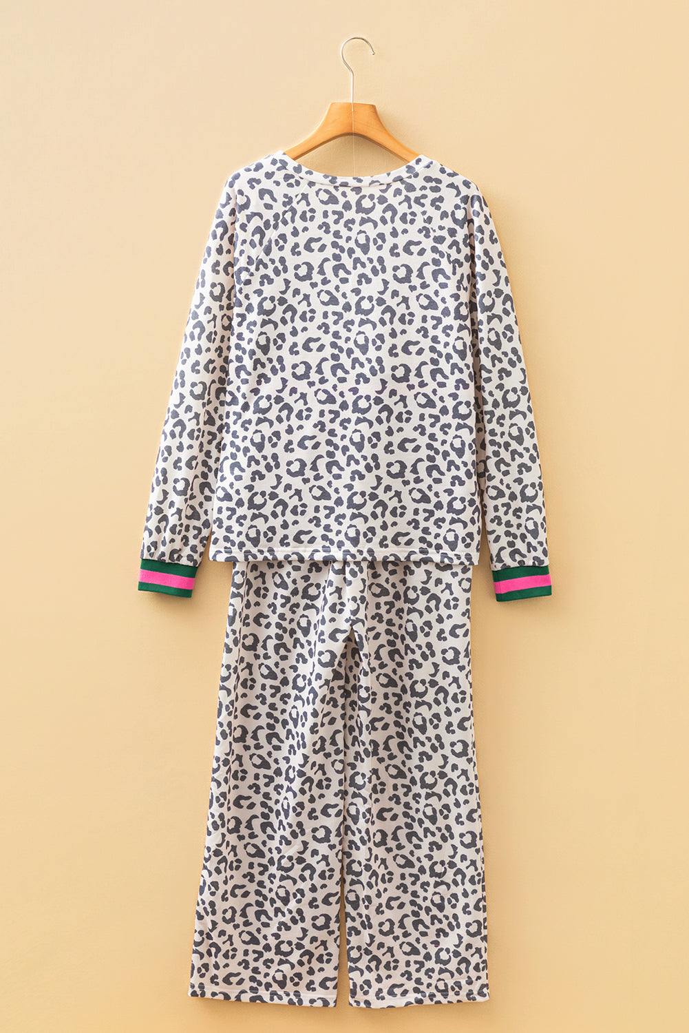 Gray V Neck Leopard Long Sleeve Top Striped Webbing Patchwork Drawstring Pant Set-Two Piece Sets/Pant Sets-[Adult]-[Female]-2022 Online Blue Zone Planet