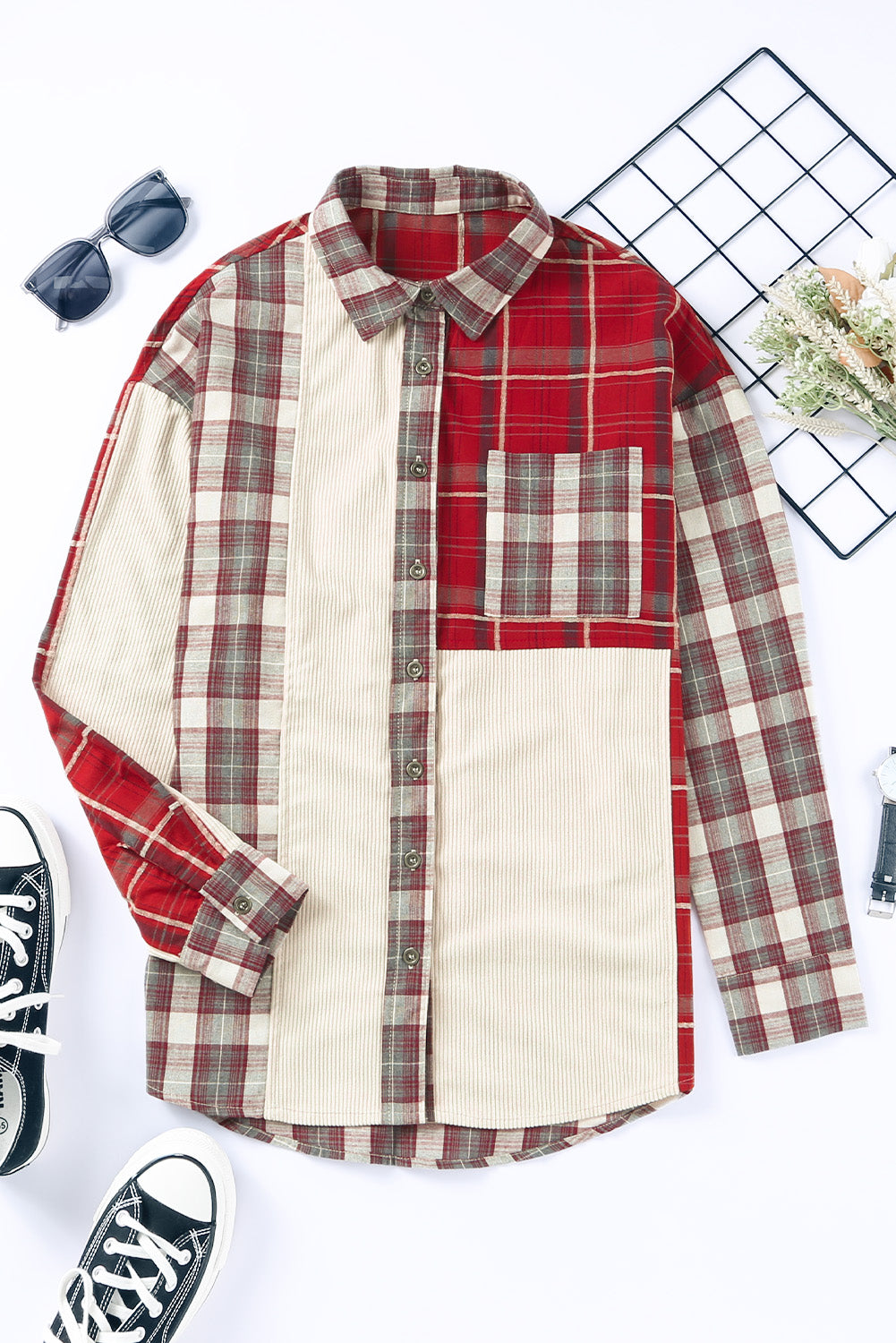 Plaid Patchwork Collared Neck Shacket-TOPS / DRESSES-[Adult]-[Female]-2022 Online Blue Zone Planet