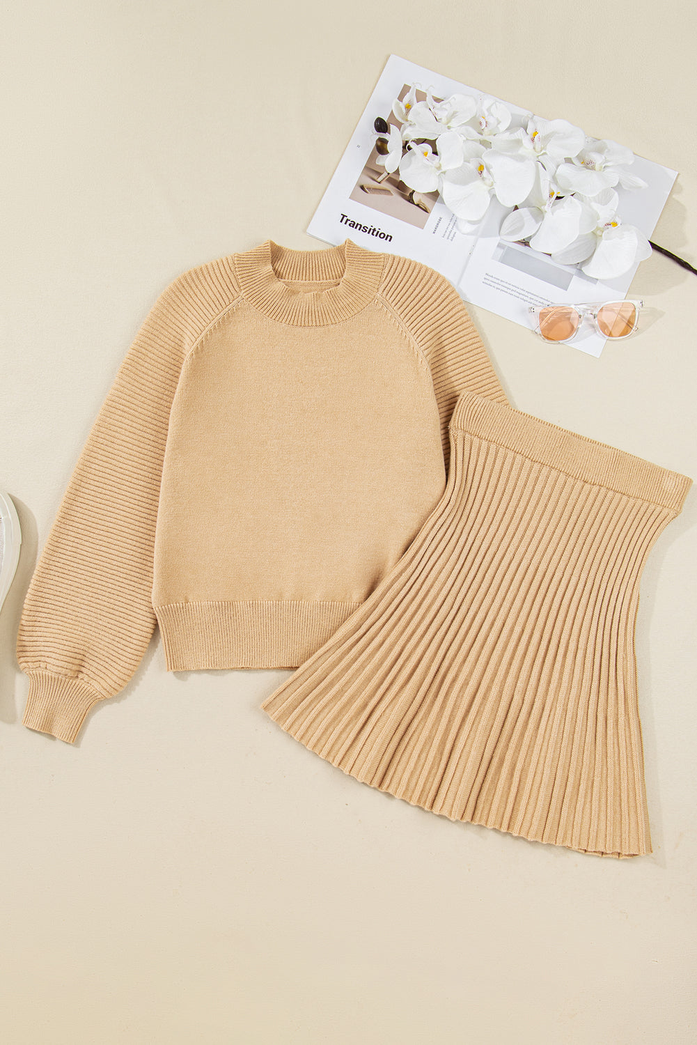 Smoke Gray High Neck Puff Sleeve Sweater Pleated Mini Skirt 2pcs Knitted Outfit-TOPS / DRESSES-[Adult]-[Female]-2022 Online Blue Zone Planet