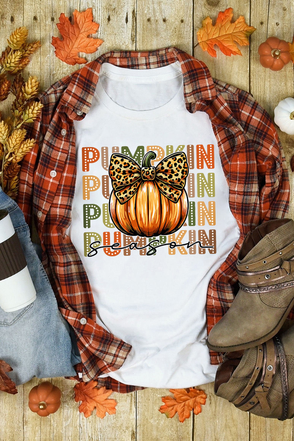 White PUMPKIN Season Leopard Bow Print Crew Neck T Shirt-Graphic/Graphic Tees-[Adult]-[Female]-2022 Online Blue Zone Planet