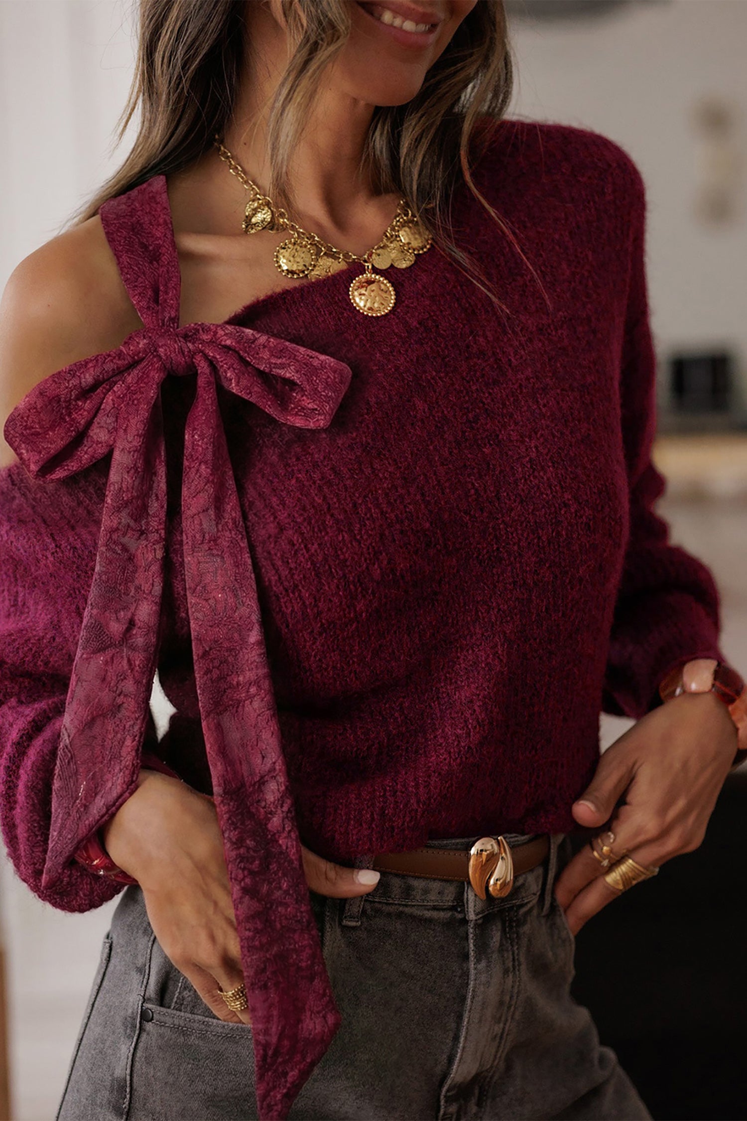 Burgundy Lace Bowknot Asymmetric Neck Sweater-TOPS / DRESSES-[Adult]-[Female]-2022 Online Blue Zone Planet