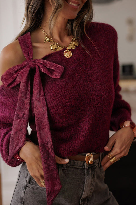 Burgundy Lace Bowknot Asymmetric Neck Sweater-TOPS / DRESSES-[Adult]-[Female]-2022 Online Blue Zone Planet