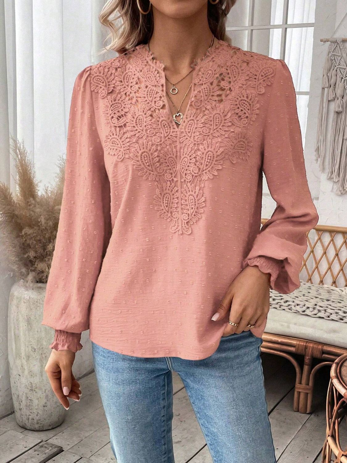 Swiss Dot Lace Detail Notched Long Sleeve Blouse-TOPS / DRESSES-[Adult]-[Female]-2022 Online Blue Zone Planet