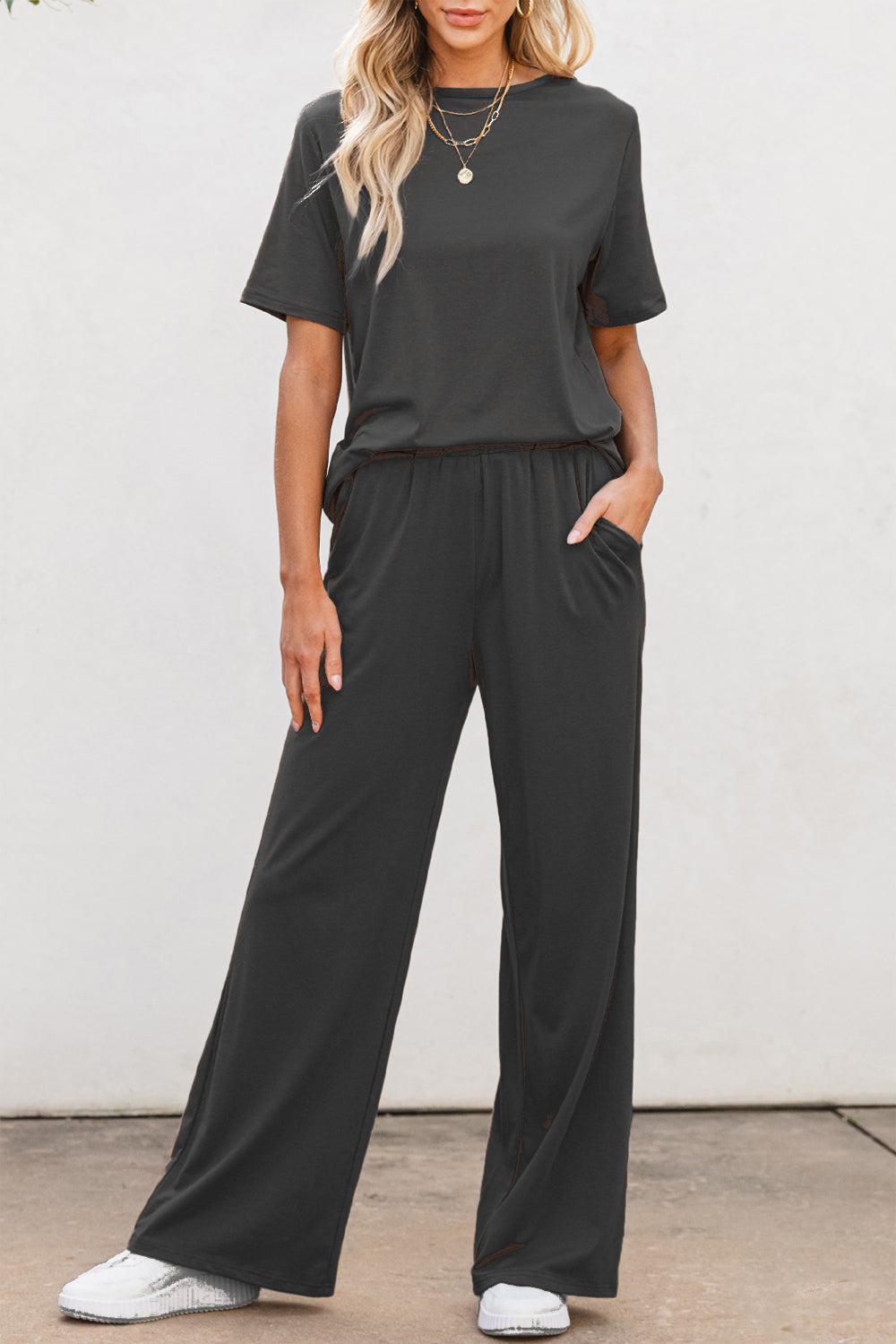 Round Neck Short Sleeve Top and Pants Set-TOPS / DRESSES-[Adult]-[Female]-Black-S-2022 Online Blue Zone Planet