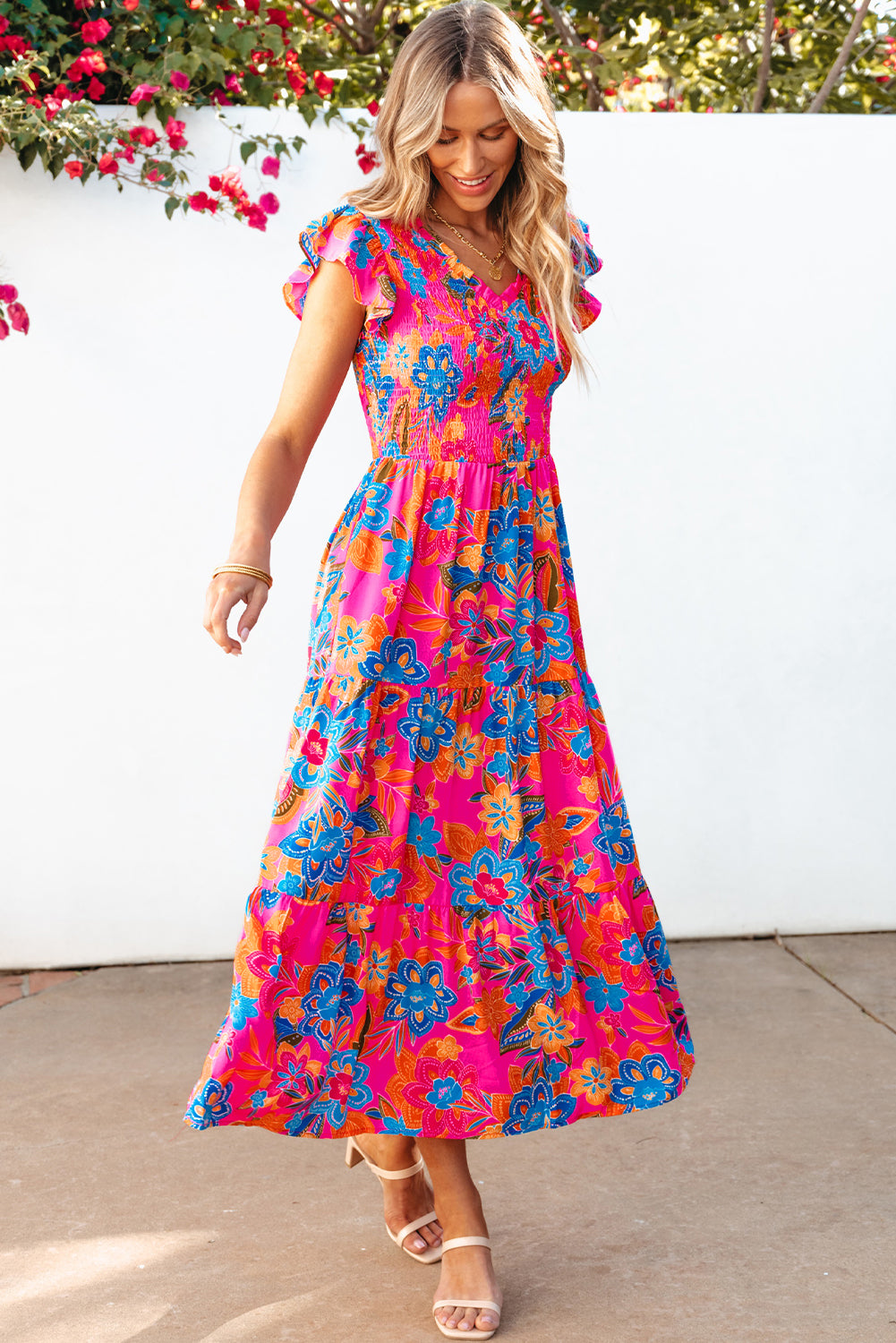 Blue Zone Planet |  Rose Red Boho Floral V Neck Ruffle Tiered Long Dress Blue Zone Planet