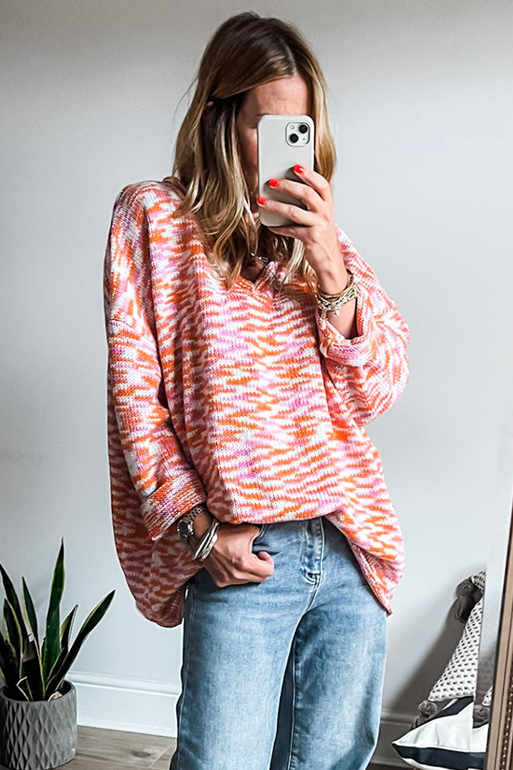 Orange Vibrant Abstract Print Drop Shoulder V Neck Tunic Oversized Sweater-Sweaters & Cardigans/Sweaters-[Adult]-[Female]-2022 Online Blue Zone Planet