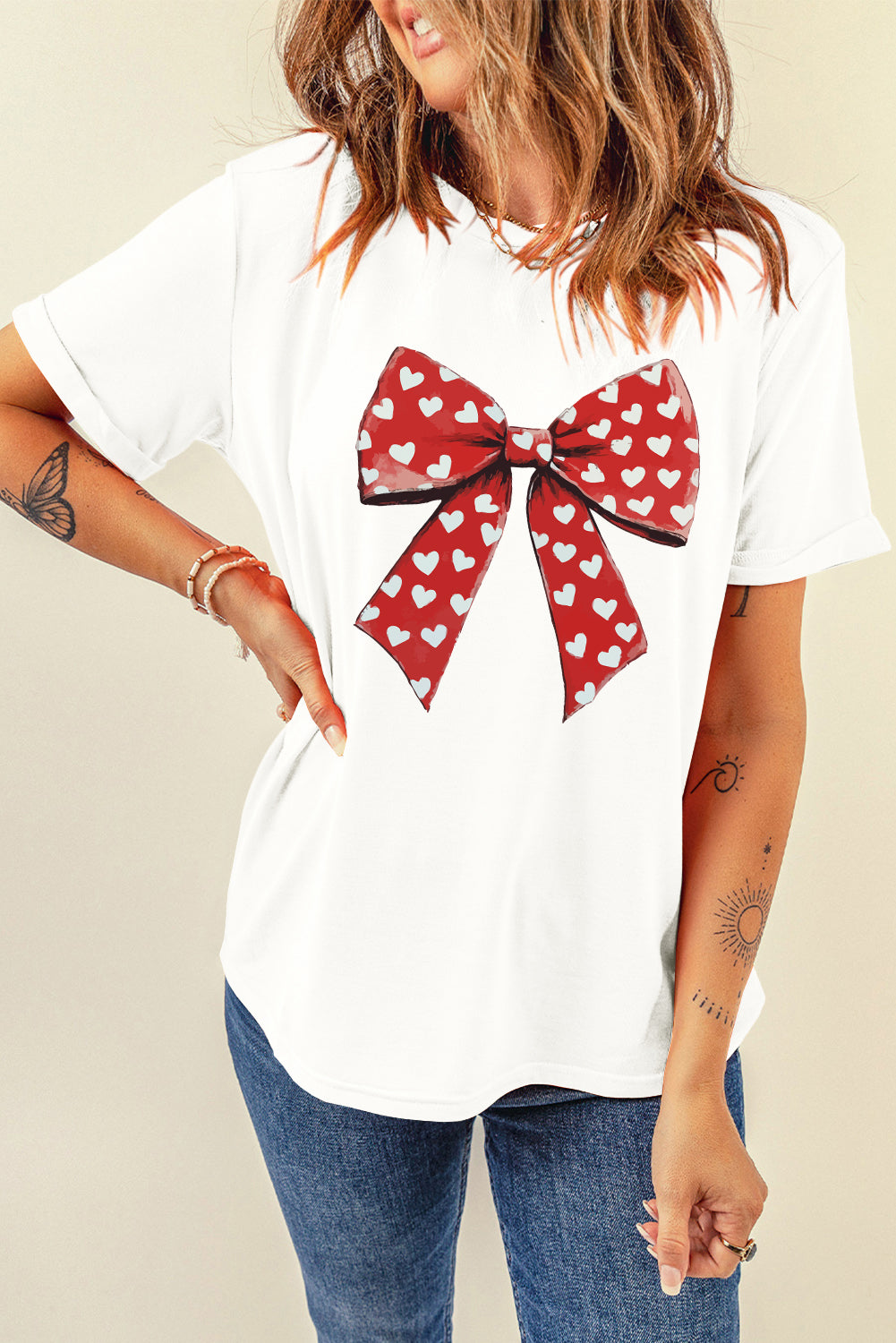 White Heart Bow Printed Crewneck Valentines T Shirt-Graphic Tees-[Adult]-[Female]-2022 Online Blue Zone Planet