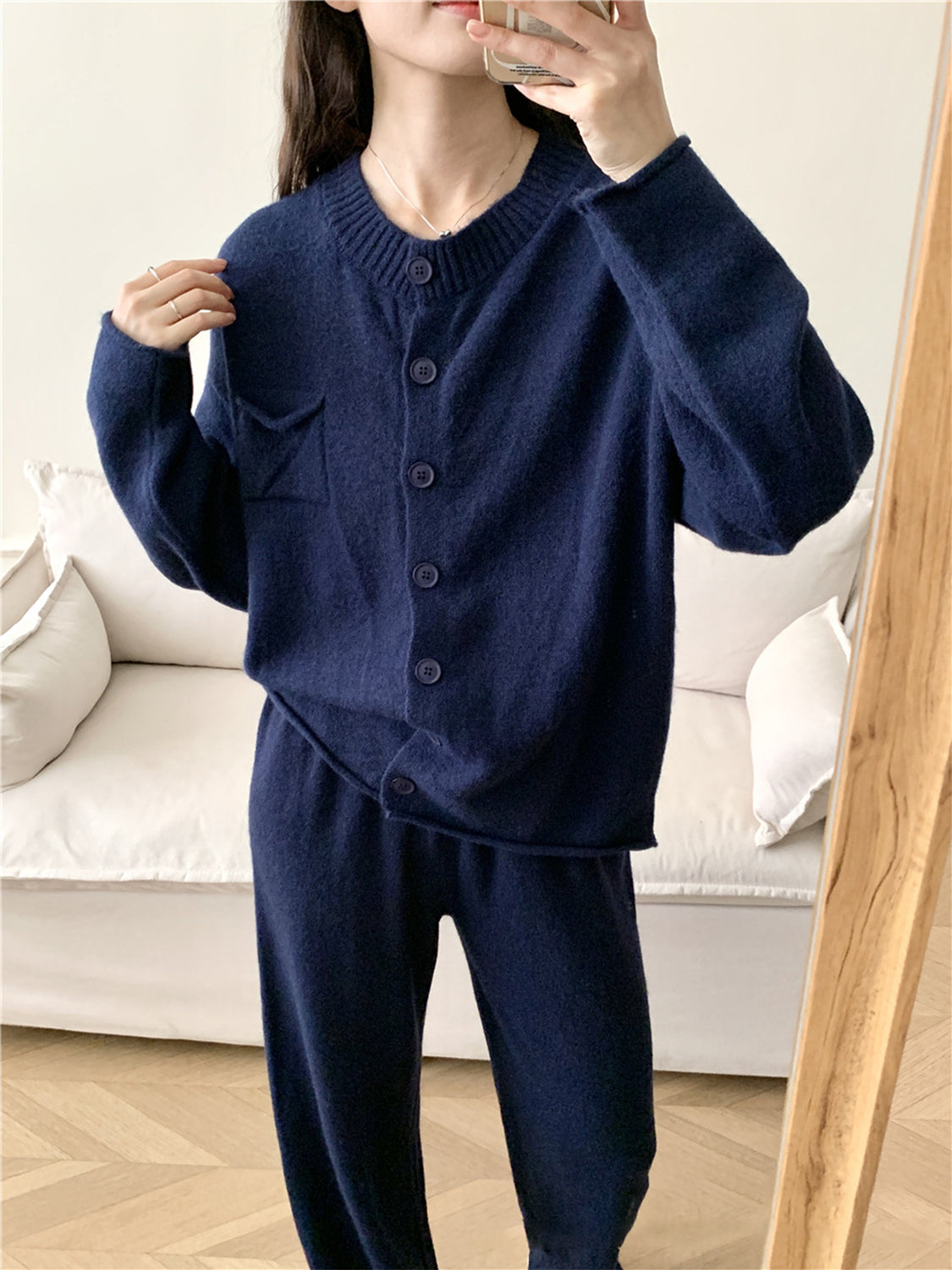 Pocketed Round Neck Button Up Cardigan and Pants Sweater Set-TOPS / DRESSES-[Adult]-[Female]-2022 Online Blue Zone Planet