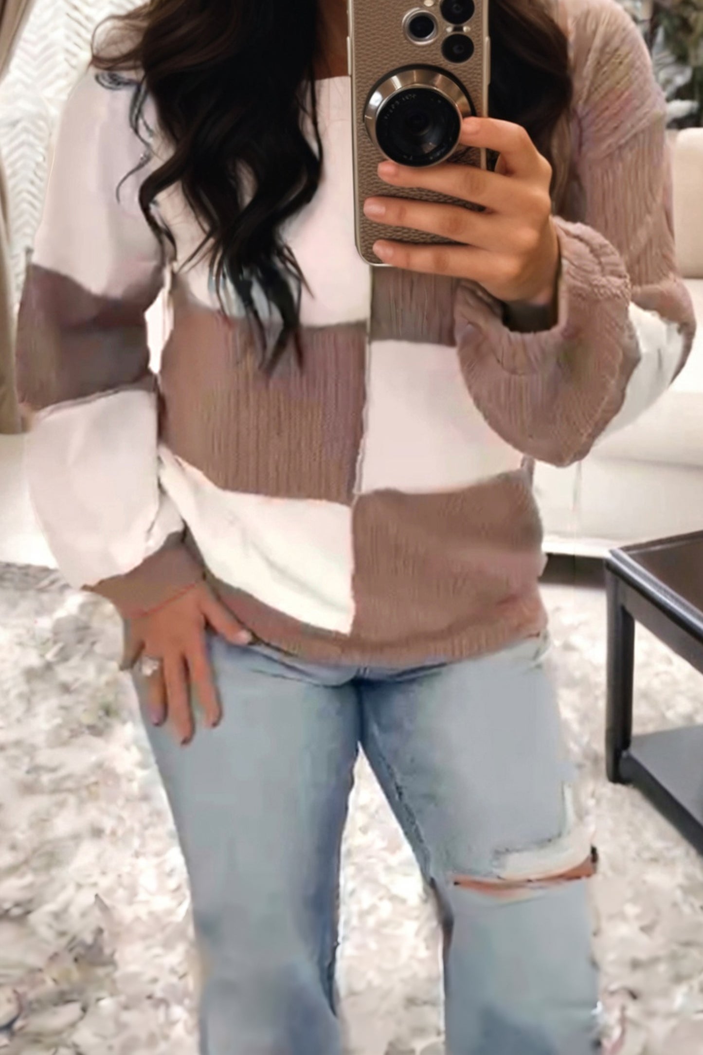 Dark Khaki Colorblock Checkered Raw Seamed Round Neck Knitted Jumper-Tops/Long Sleeve Tops-[Adult]-[Female]-2022 Online Blue Zone Planet