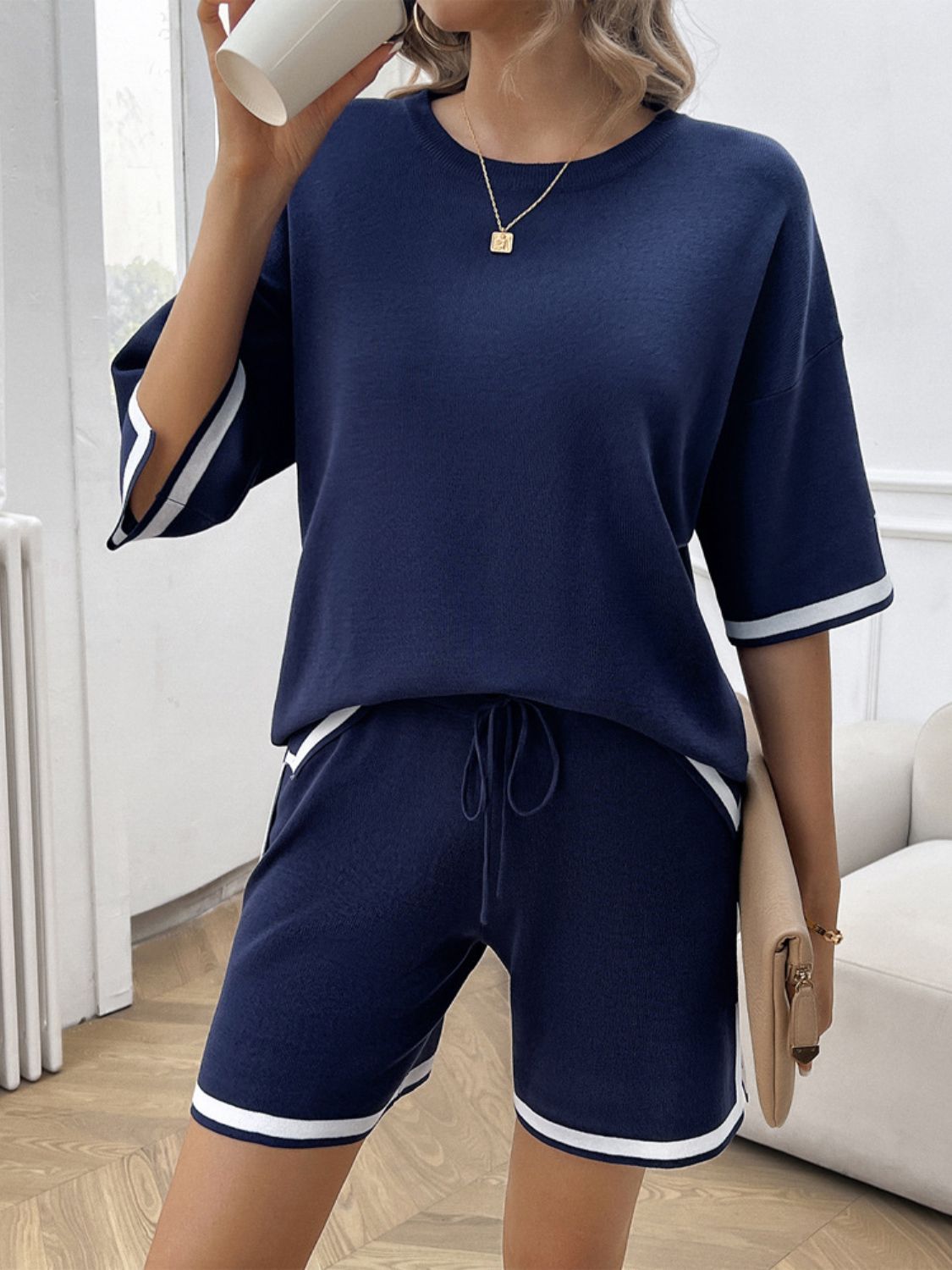 Blue Zone Planet | Devine Contrast Trim Round Neck Top and Shorts Set-TOPS / DRESSES-[Adult]-[Female]-2022 Online Blue Zone Planet