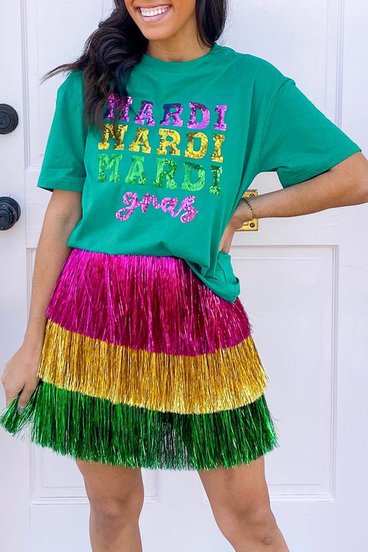 Sea Green Sequin Mardi Gras Letter Graphic T Shirt-Tops/Tops & Tees-[Adult]-[Female]-Sea Green-S-2022 Online Blue Zone Planet