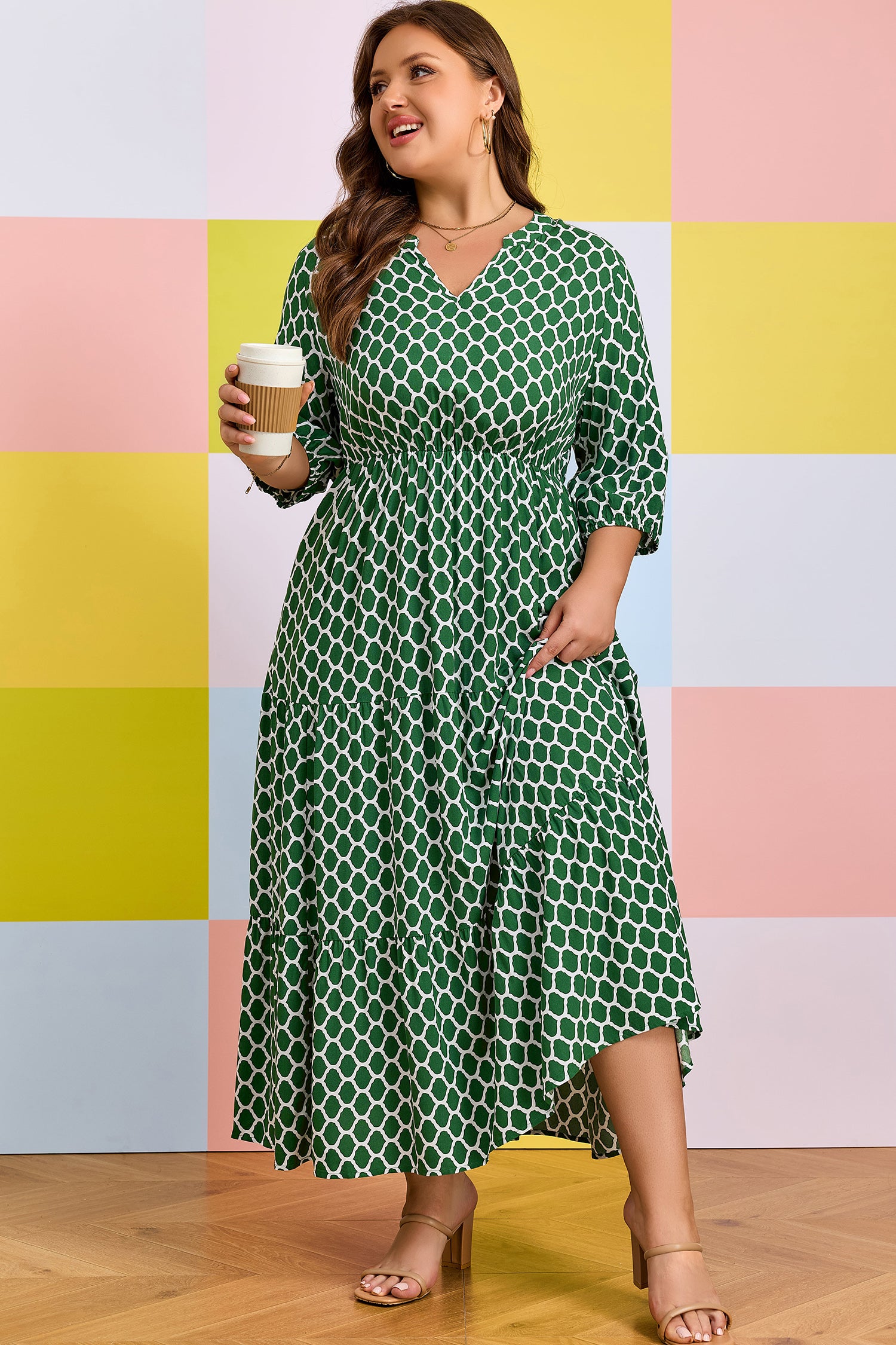 Green Plus Size Geometric Print Pocketed Ruffle Hem Casual Dress – Blue Zone Planet