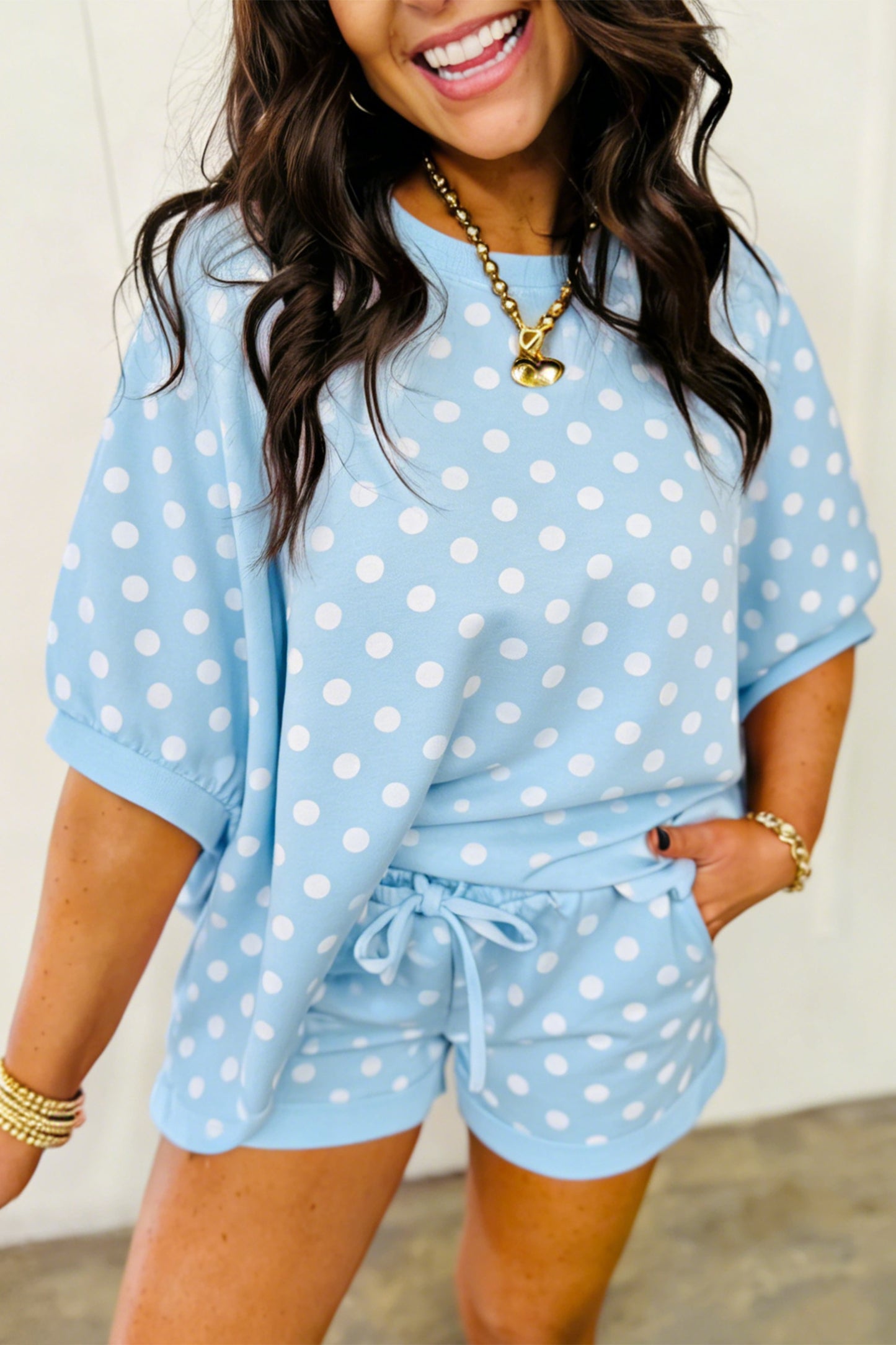 Sky Blue Polka Dot Oversized Top Drawstring Short Set-Two Piece Sets/Short Sets-[Adult]-[Female]-2022 Online Blue Zone Planet