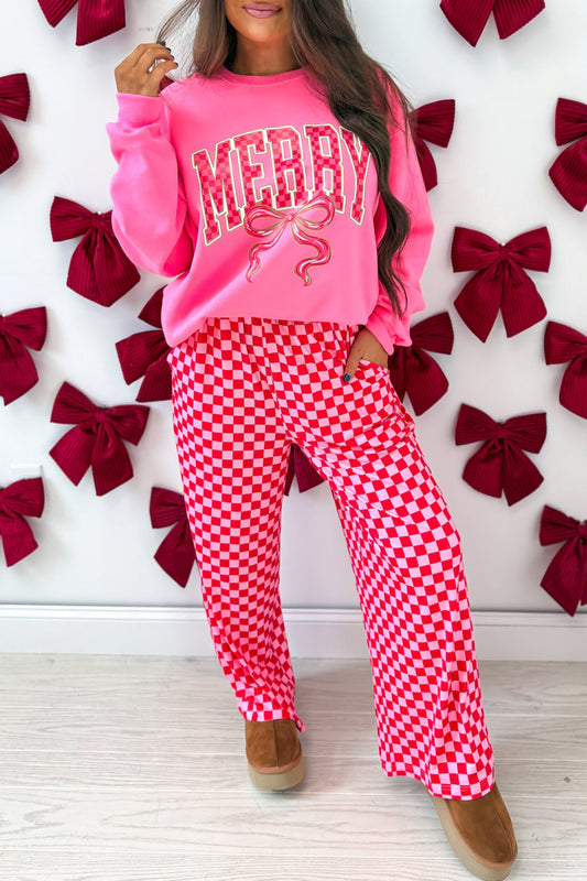 Pink Christmas Slogan Graphic Plaid Contrast Two-piece Pant Set-Two Piece Sets/Pant Sets-[Adult]-[Female]-Pink-S-2022 Online Blue Zone Planet