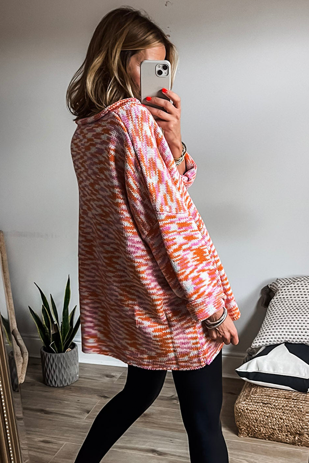 Orange Vibrant Abstract Print Drop Shoulder V Neck Tunic Oversized Sweater-Sweaters & Cardigans/Sweaters-[Adult]-[Female]-2022 Online Blue Zone Planet