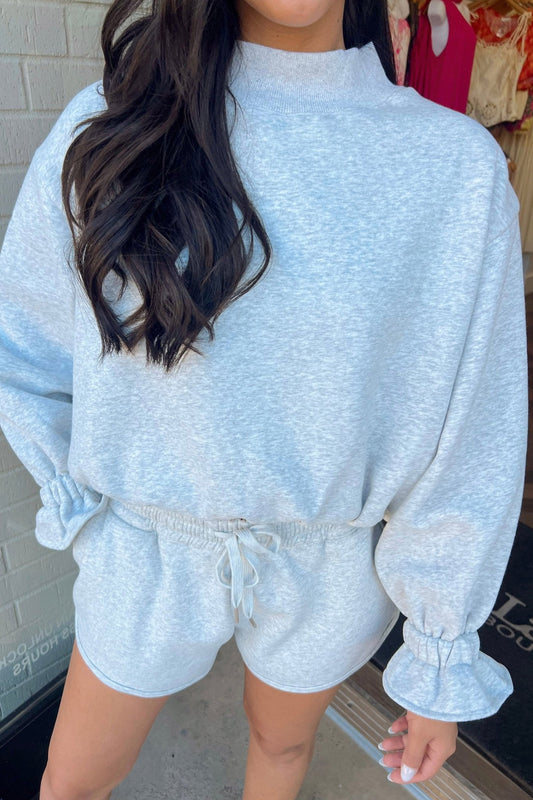 Light Grey Mock Neck Ruffled Long Sleeve Top Drawstring Casual Shorts Set-Two Piece Sets/Short Sets-[Adult]-[Female]-Light Grey-S-2022 Online Blue Zone Planet