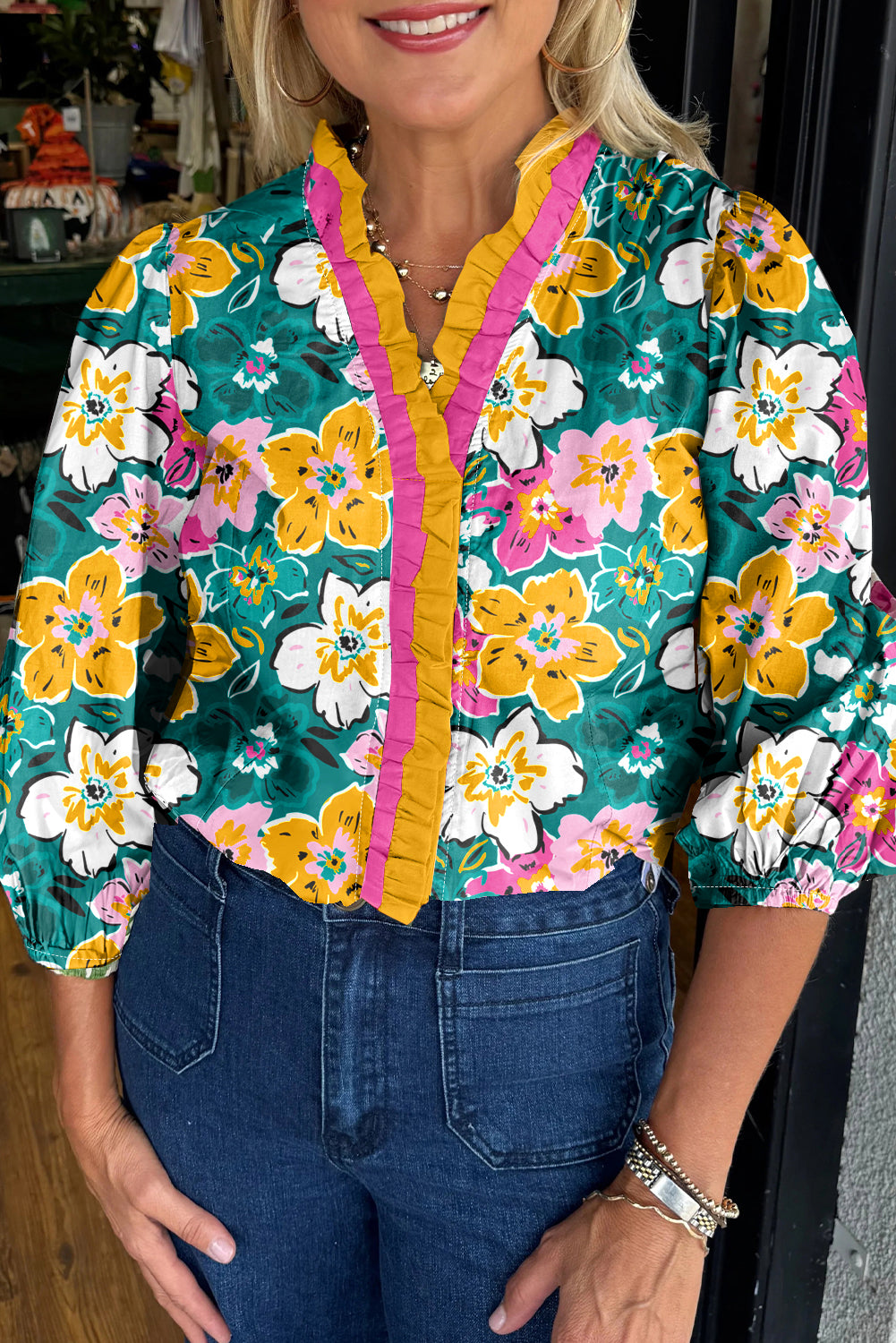 Green Floral Print Contrast Trim Frilled V Neck 3/4 Sleeve Blouse-Tops/Blouses & Shirts-[Adult]-[Female]-Green-S-2022 Online Blue Zone Planet