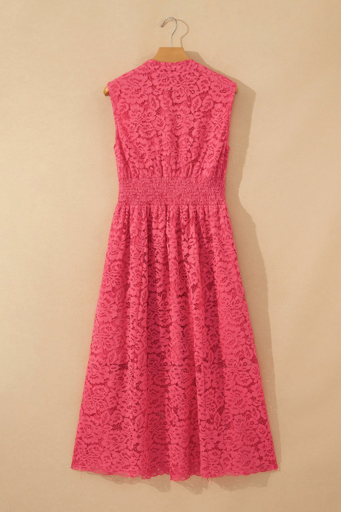 Coral Floral Lace Overlay Zip Up V Neck Smocked Waist Sleeveless Dress-TOPS / DRESSES-[Adult]-[Female]-2022 Online Blue Zone Planet