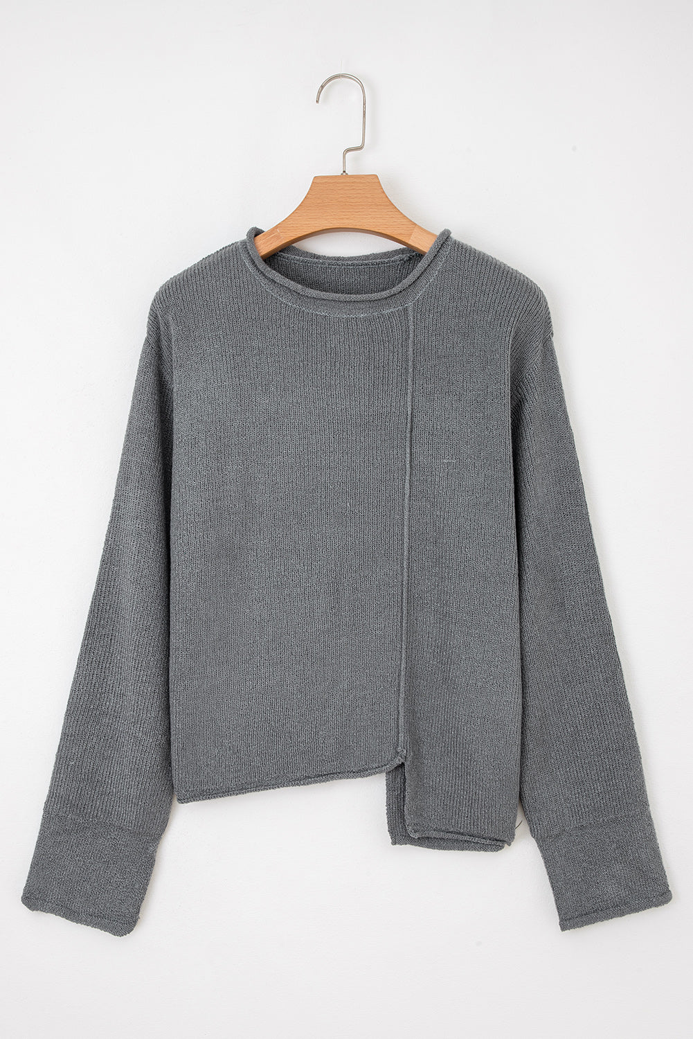 Medium Grey Raw Edge Uneven Hem Patchwork Drop Shoulder Sweater-TOPS / DRESSES-[Adult]-[Female]-2022 Online Blue Zone Planet